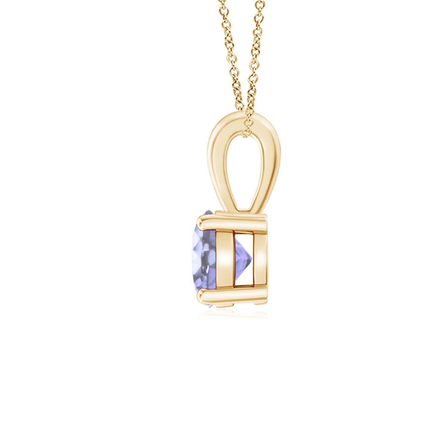 Linked to a lustrous bale is a violet-blue tanzanite solitaire secured in a four prong setting. Crafted in 18k yellow gold, the elegant design of this classic tanzanite pendant draws all attention towards the magnificence of the center stone.