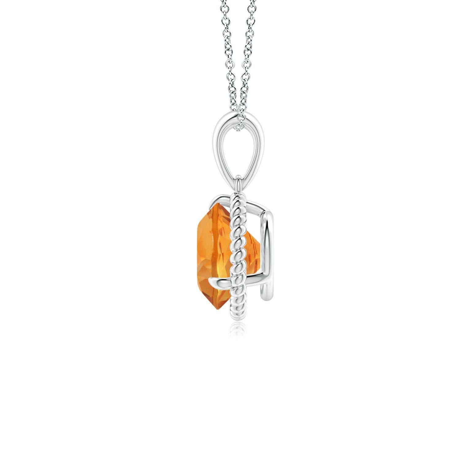 Dieser Citrin-Solitär-Anhänger aus 14 Karat Weißgold strahlt feminine Eleganz aus. Der runde, in Zacken gefasste Citrin ist von einem gedrehten Seilrahmen umgeben, der dem Design einen Hauch von Besonderheit verleiht. Erhältlich in verschiedenen