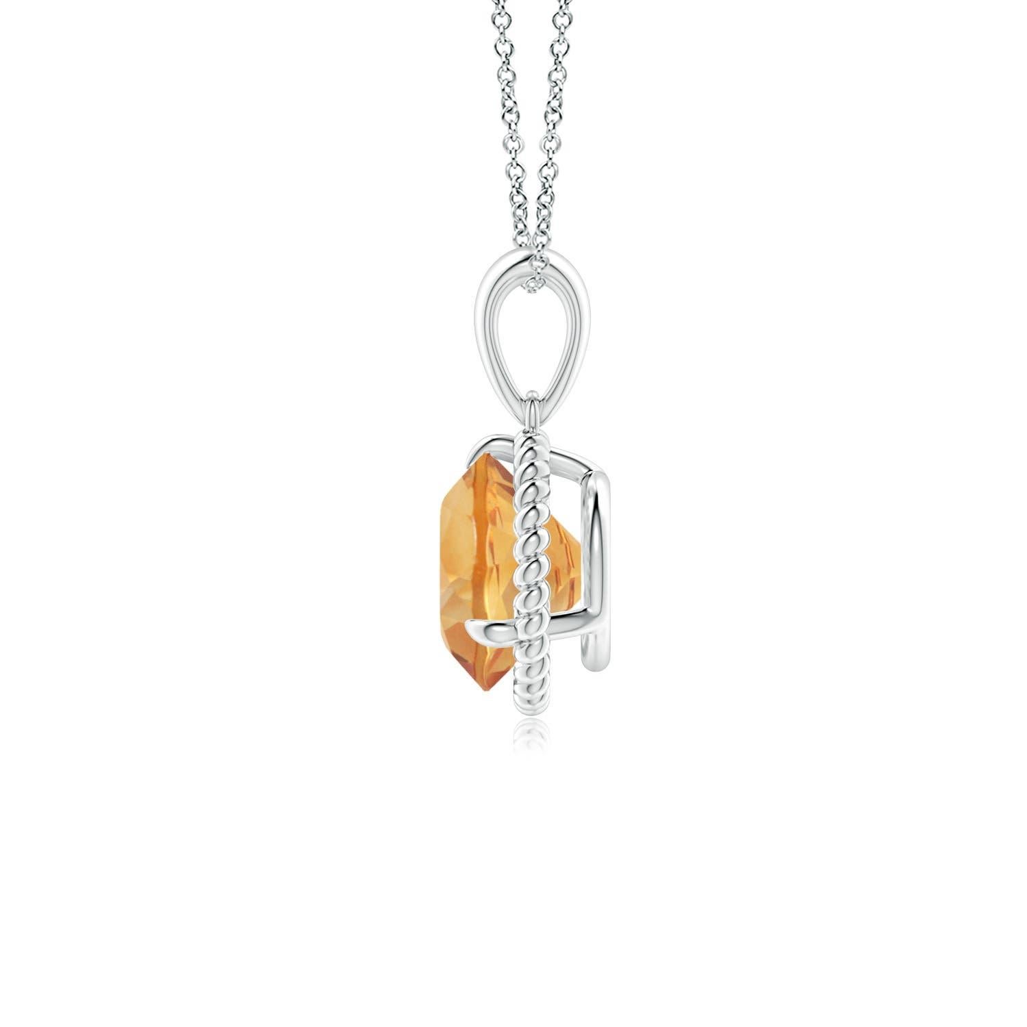 Exhalant une élégance féminine, ce pendentif solitaire en citrine est conçu en or blanc 18 carats. La citrine ronde sertie de griffes est entourée d'un cadre en corde torsadée qui confère une touche de distinction au design. Disponible en différents