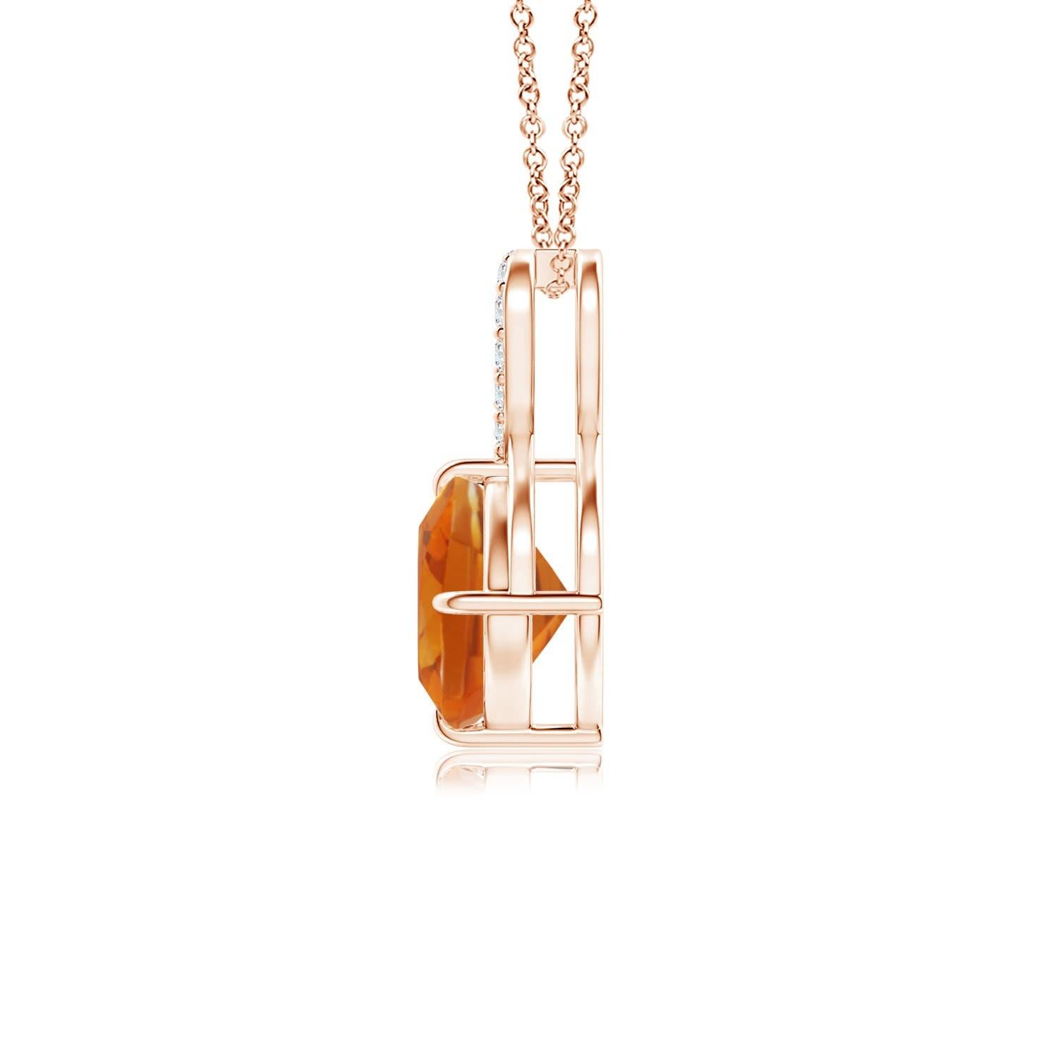 A claw prong set cushion citrine is topped by a twisted ribbon bale. Shimmering diamonds adorn the elegant bale and give a sparkling contrast to the honey-yellow citrine. This infinity symbol pendant in 18k rose gold exhibits sheer opulence and