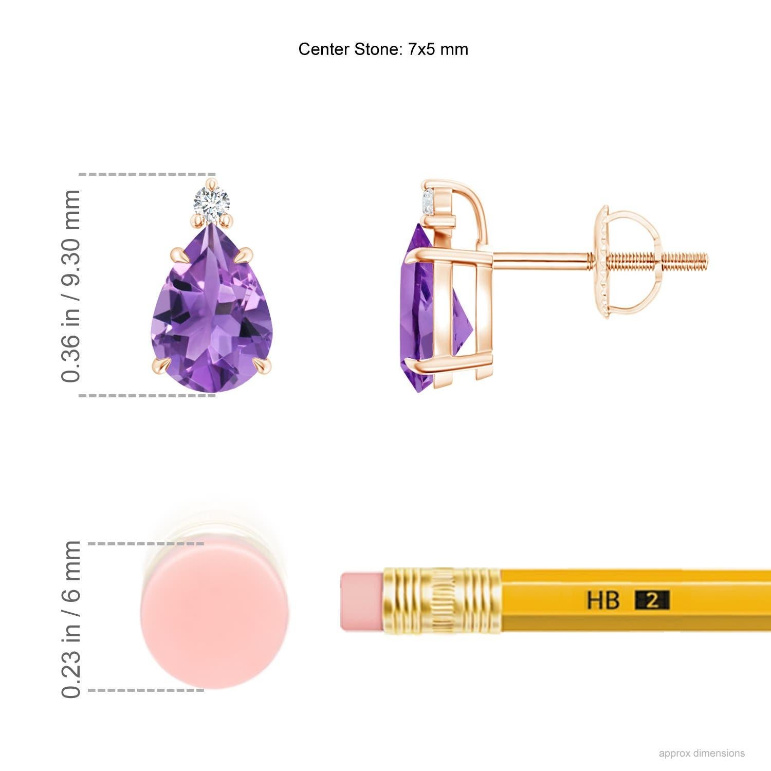 Inverted pear-shaped amethysts, secured in claw settings, exude a striking deep purple hue. The brilliant round diamond at the tip lends added sparkle to these 14k rose gold solitaire amethyst earrings.