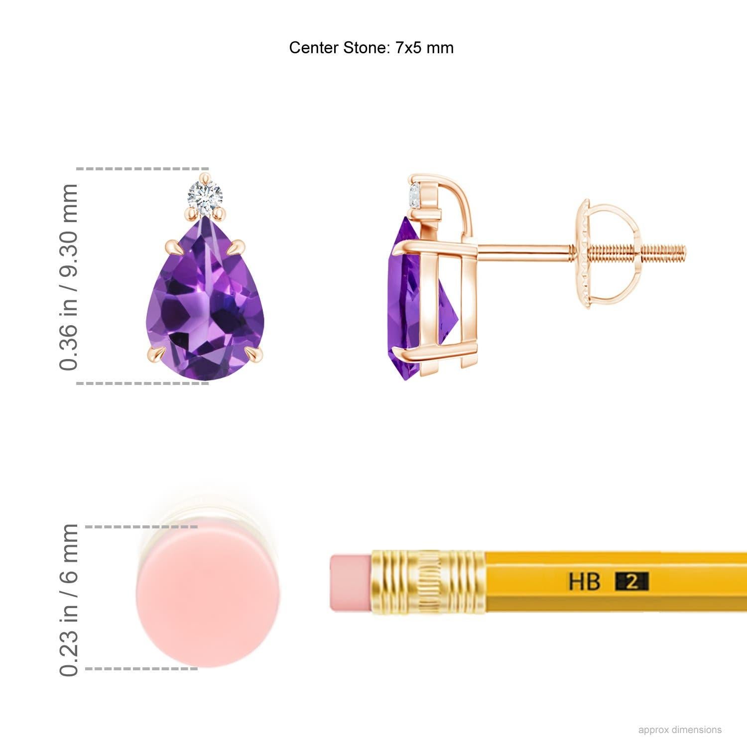 Inverted pear-shaped amethysts, secured in claw settings, exude a striking deep purple hue. The brilliant round diamond at the tip lends added sparkle to these 14k rose gold solitaire amethyst earrings.