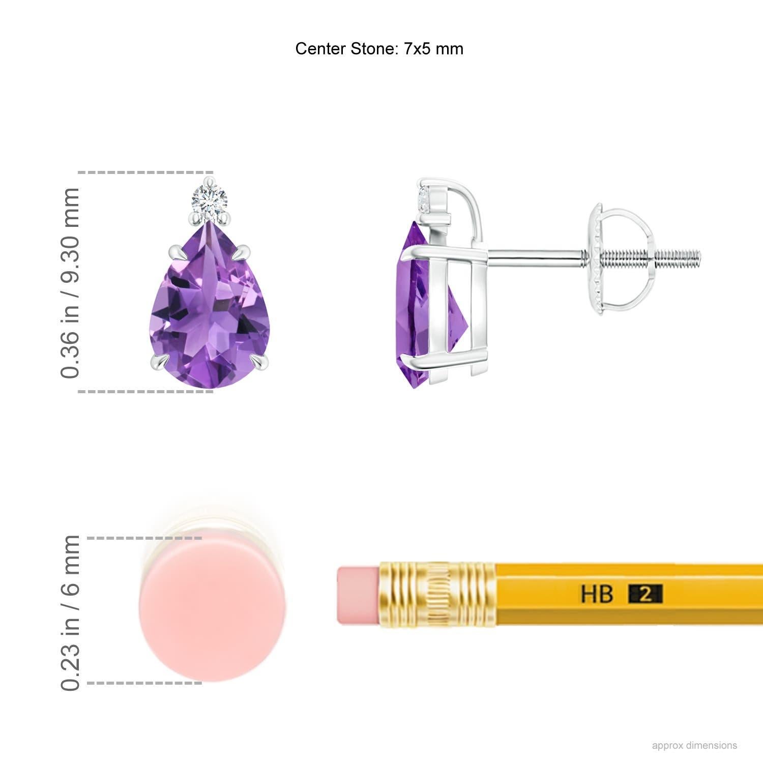 Inverted pear-shaped amethysts, secured in claw settings, exude a striking deep purple hue. The brilliant round diamond at the tip lends added sparkle to these 14k white gold solitaire amethyst earrings.