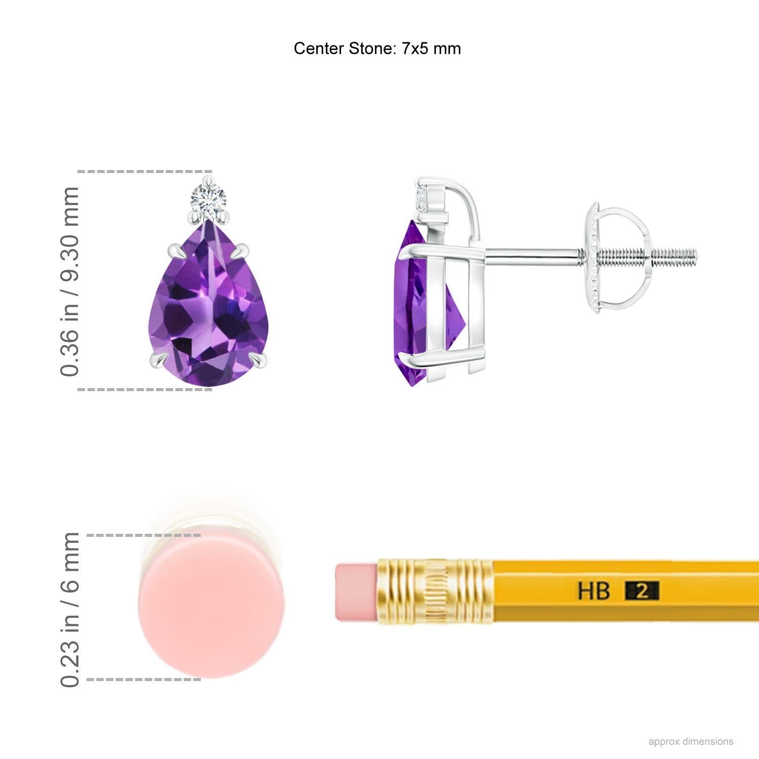 Inverted pear-shaped amethysts, secured in claw settings, exude a striking deep purple hue. The brilliant round diamond at the tip lends added sparkle to these 14k white gold solitaire amethyst earrings.