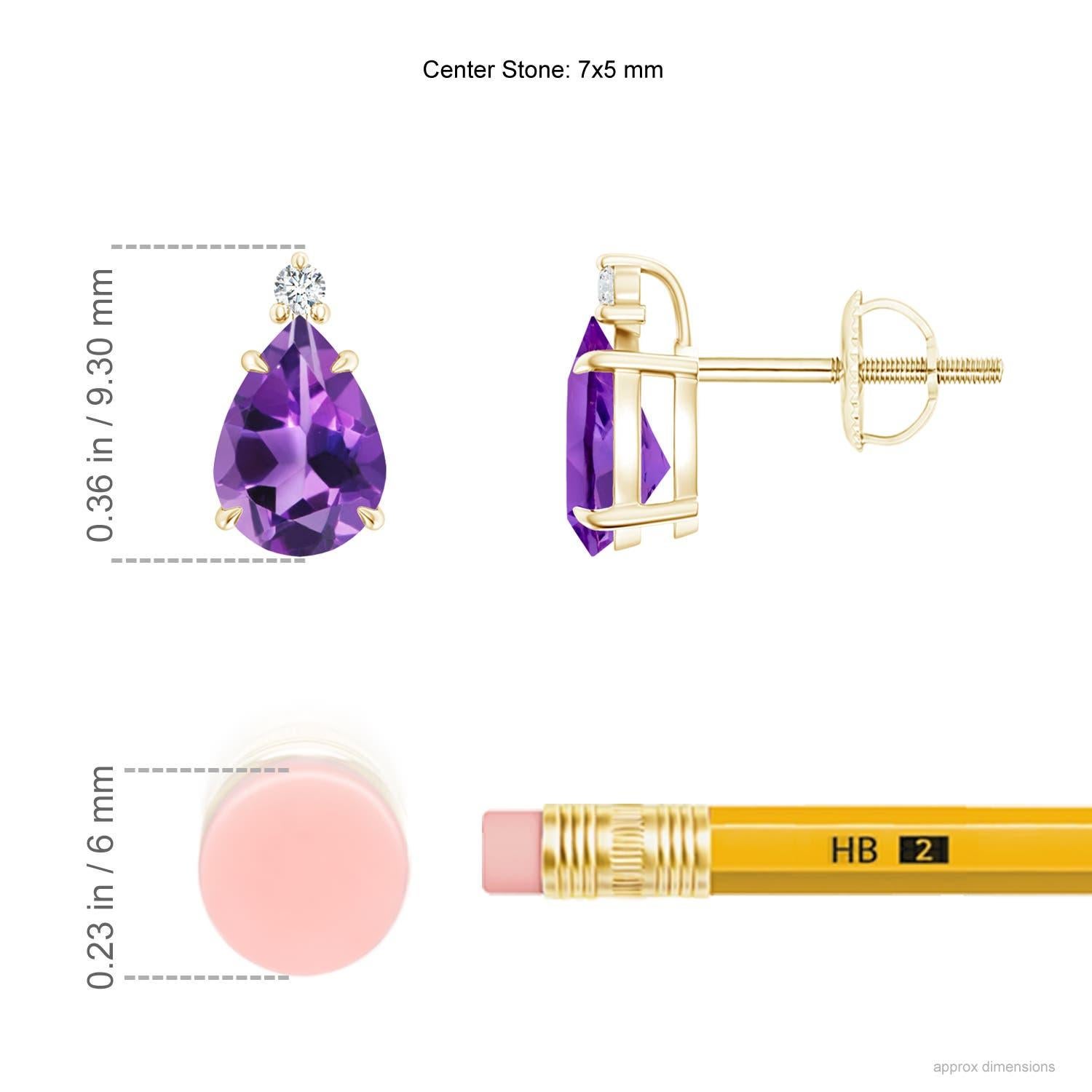 Inverted pear-shaped amethysts, secured in claw settings, exude a striking deep purple hue. The brilliant round diamond at the tip lends added sparkle to these 14k yellow gold solitaire amethyst earrings.