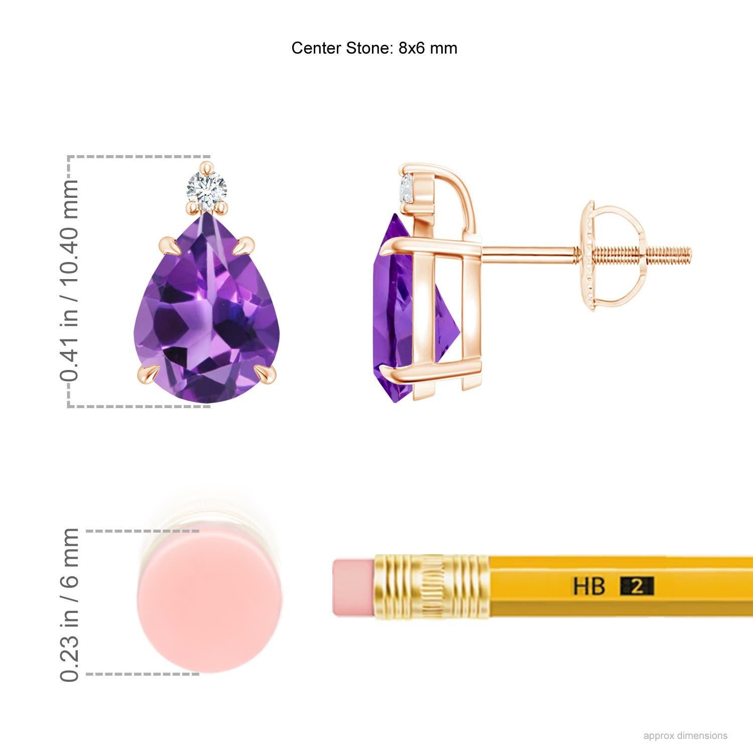 Inverted pear-shaped amethysts, secured in claw settings, exude a striking deep purple hue. The brilliant round diamond at the tip lends added sparkle to these 14k rose gold solitaire amethyst earrings.