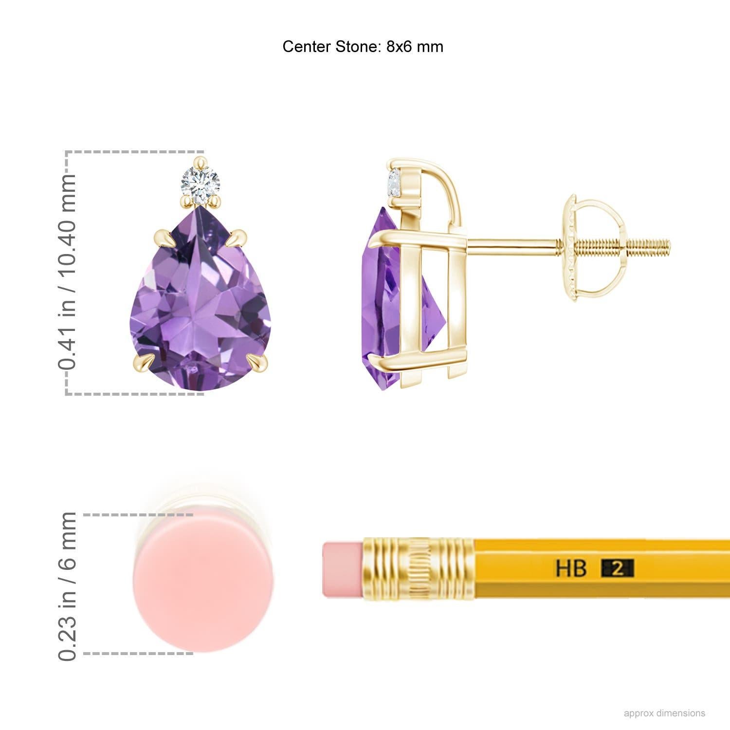 Inverted pear-shaped amethysts, secured in claw settings, exude a striking deep purple hue. The brilliant round diamond at the tip lends added sparkle to these 14k yellow gold solitaire amethyst earrings.