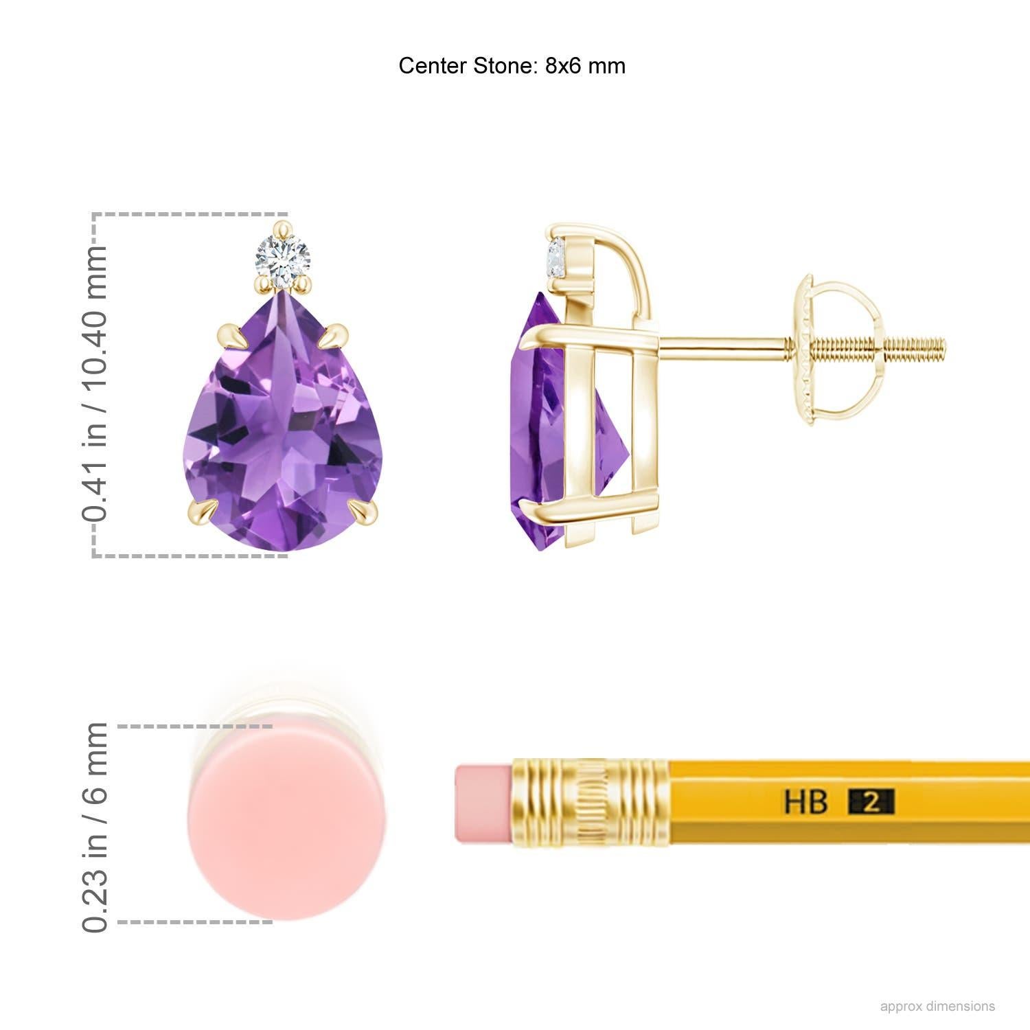 Inverted pear-shaped amethysts, secured in claw settings, exude a striking deep purple hue. The brilliant round diamond at the tip lends added sparkle to these 14k yellow gold solitaire amethyst earrings.