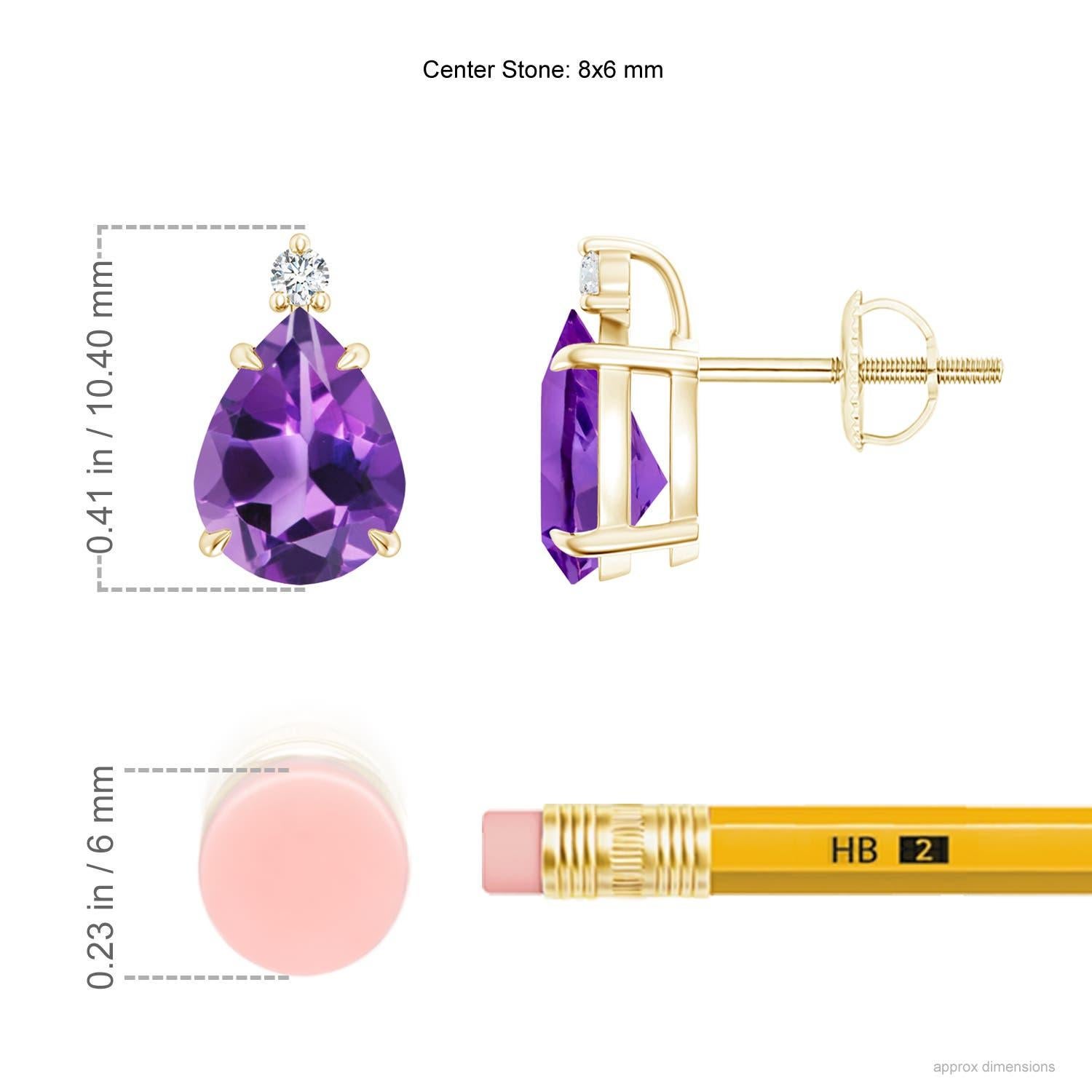 Inverted pear-shaped amethysts, secured in claw settings, exude a striking deep purple hue. The brilliant round diamond at the tip lends added sparkle to these 14k yellow gold solitaire amethyst earrings.