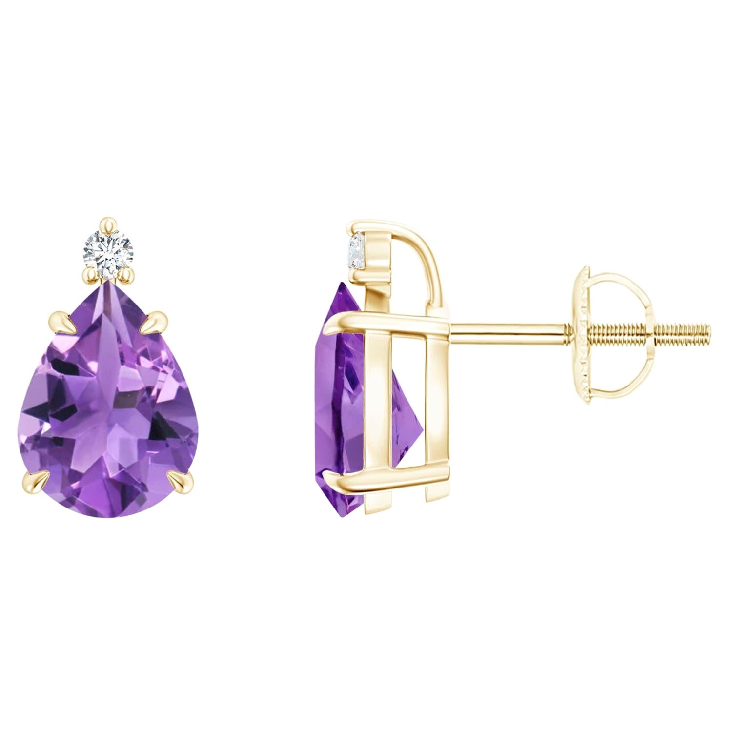 Natürliche birnenförmige 2ct Amethyst Solitär-Ohrringe aus 14K Gelbgold mit Krallenbesatz