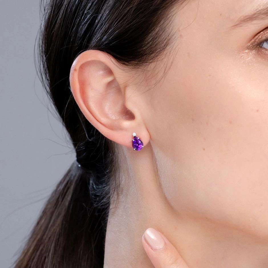 Pear Cut Natural Claw-Set Pear 2ct Amethyst Solitaire Earrings in Platinum For Sale