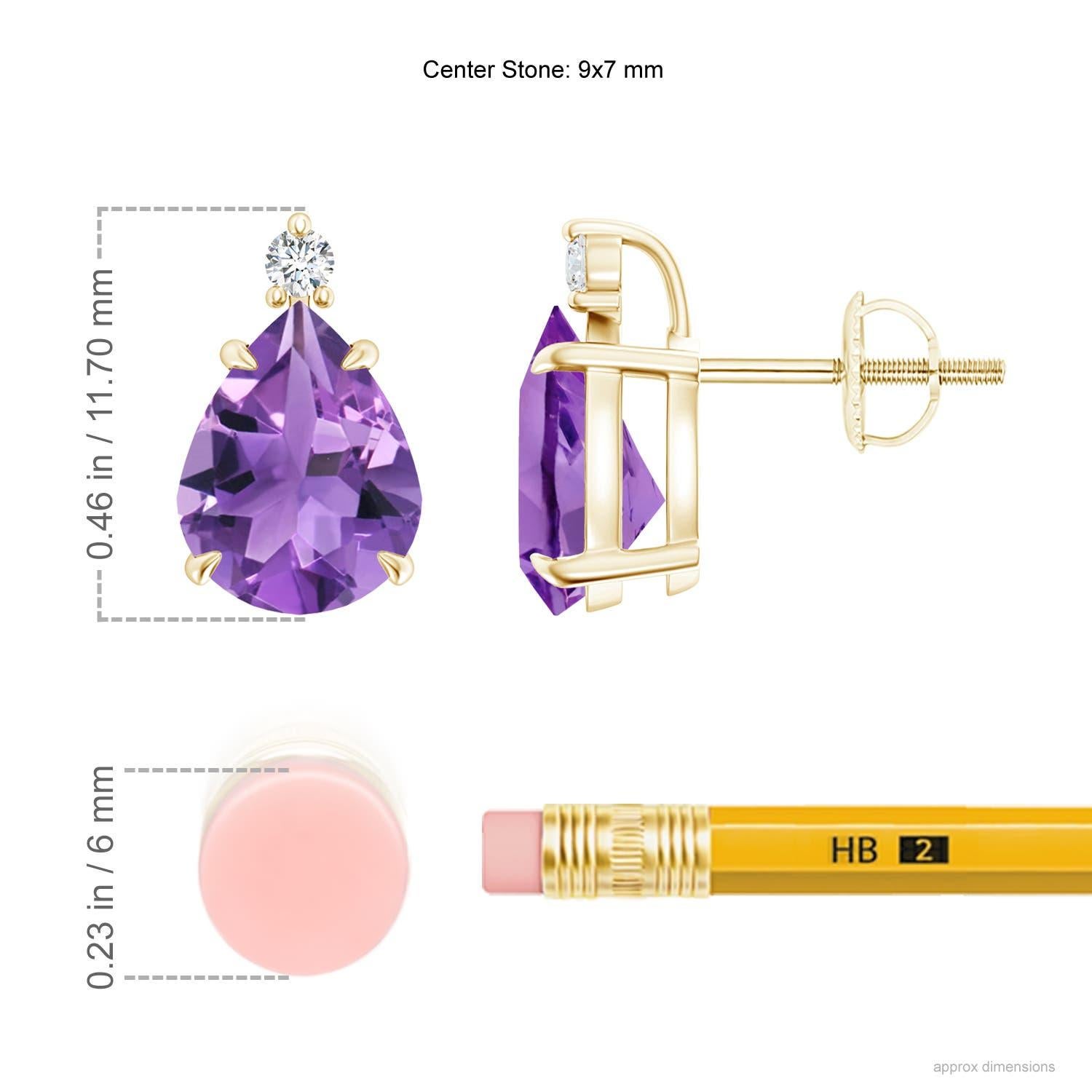 Inverted pear-shaped amethysts, secured in claw settings, exude a striking deep purple hue. The brilliant round diamond at the tip lends added sparkle to these 14k yellow gold solitaire amethyst earrings.