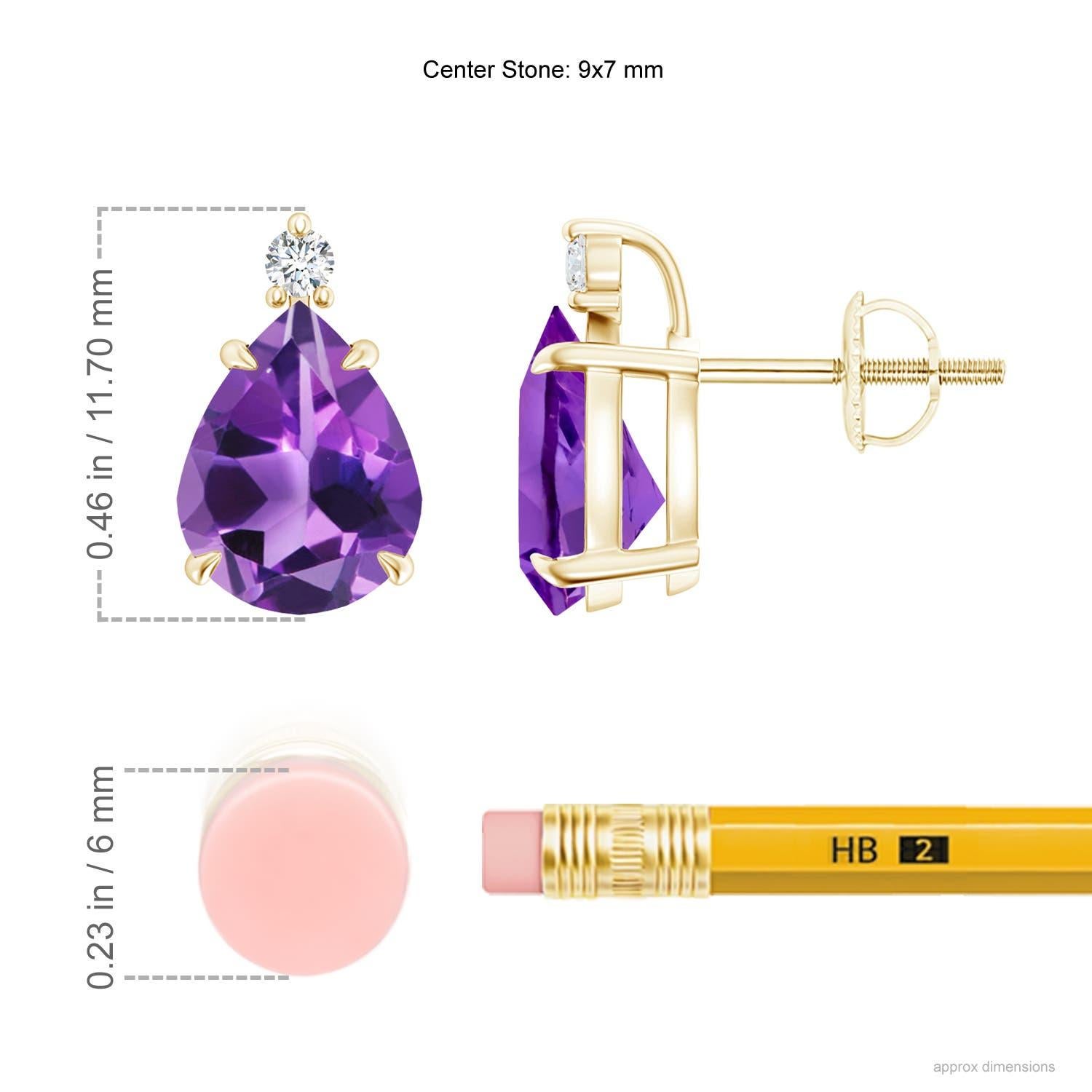 Les améthystes en forme de poire inversée, serties dans des griffes, sont d'un violet profond saisissant. Le diamant rond brillant à l'extrémité confère un éclat supplémentaire à ces boucles d'oreilles solitaires en or jaune 14k à l'améthyste.