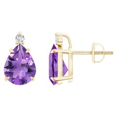 Natürlicher birnenförmiger 3 Karat Amethyst Solitär-Ohrringe aus 14 Karat Gelbgold mit Krallenbesatz
