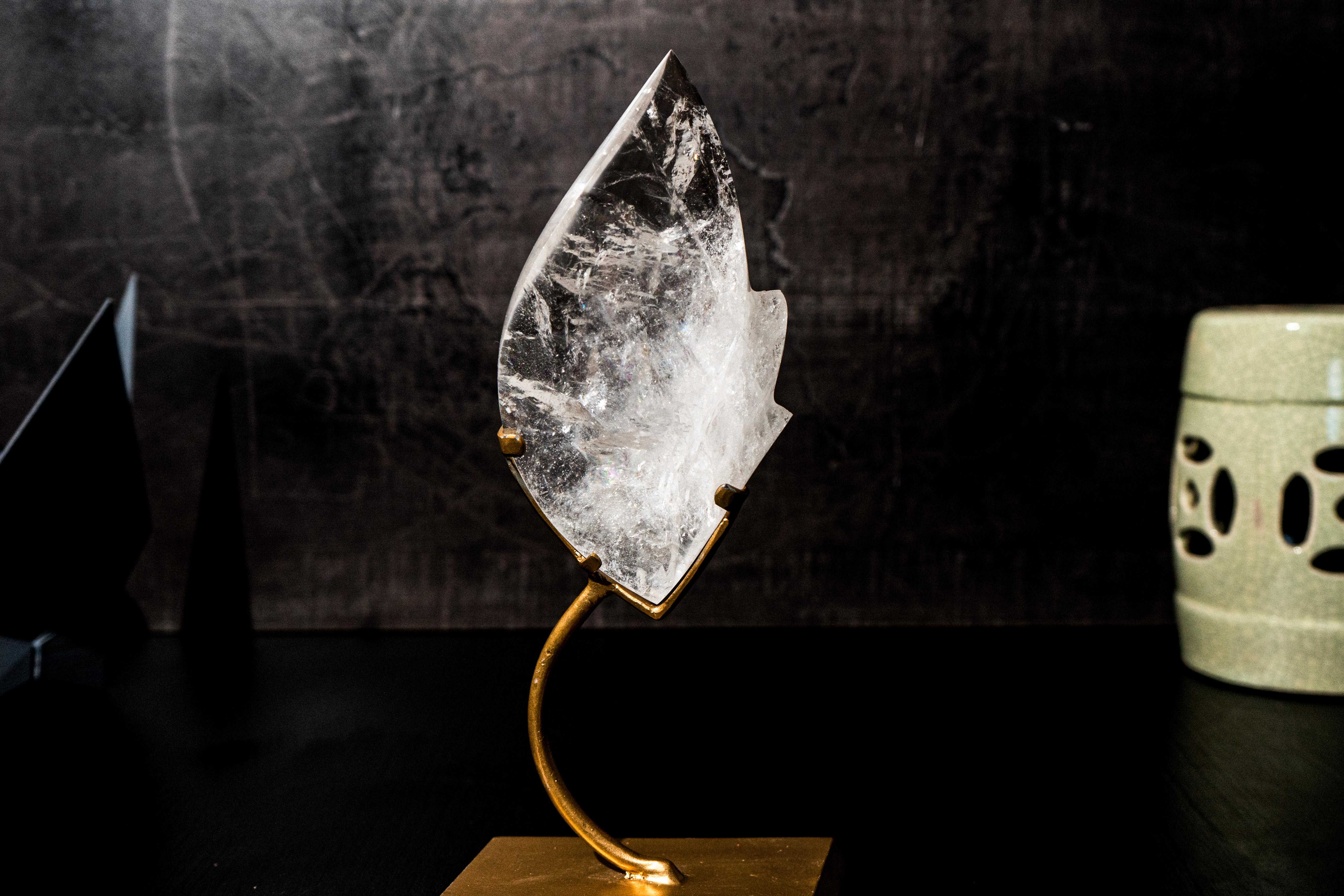 Contemporary Natural Clear Quartz Flame Sculpture on Stand For Sale