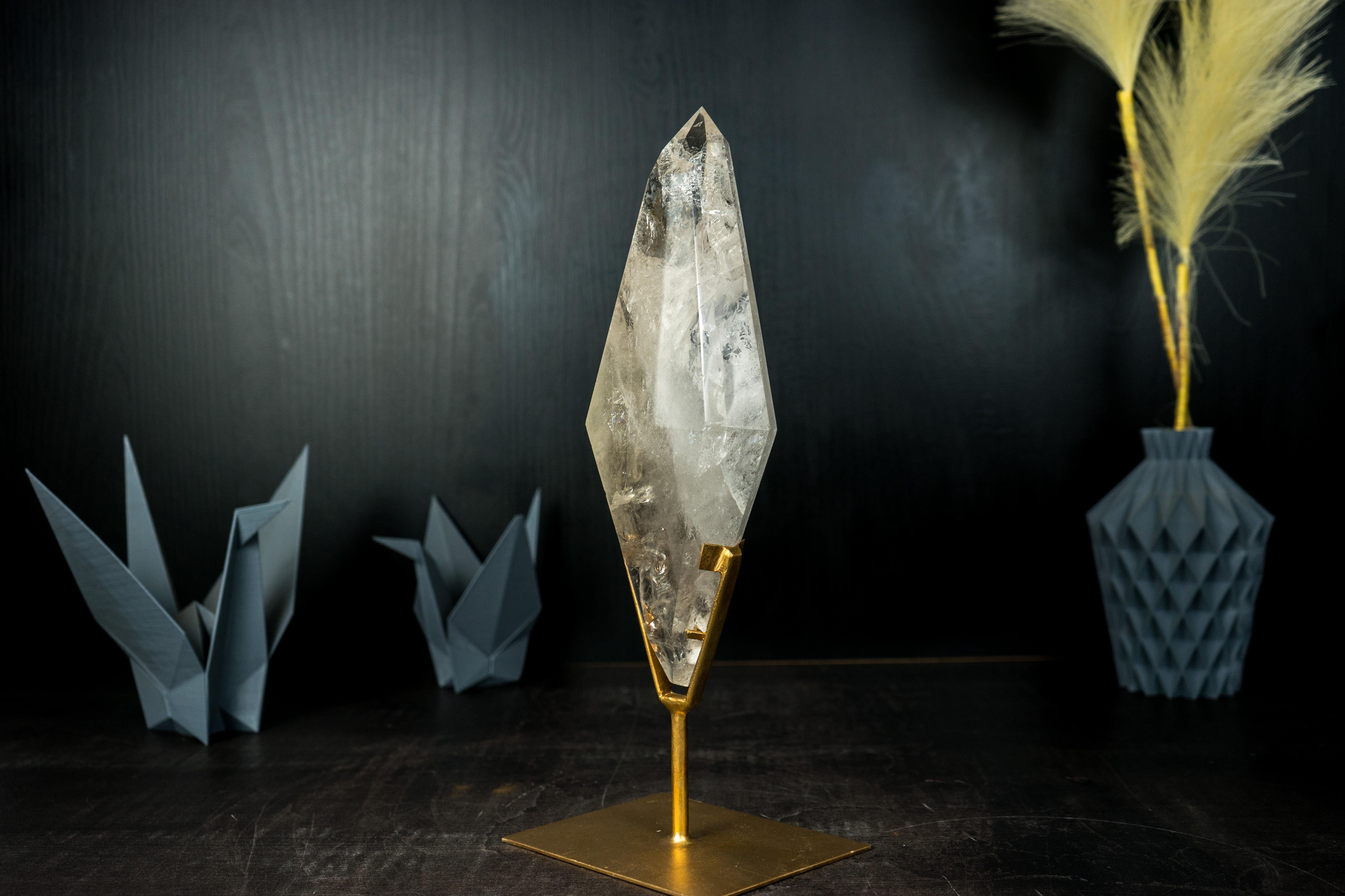 Natural Clear Quartz Obelisk Sculpture with Multi-Faceted Sides on Metal Stand For Sale 4
