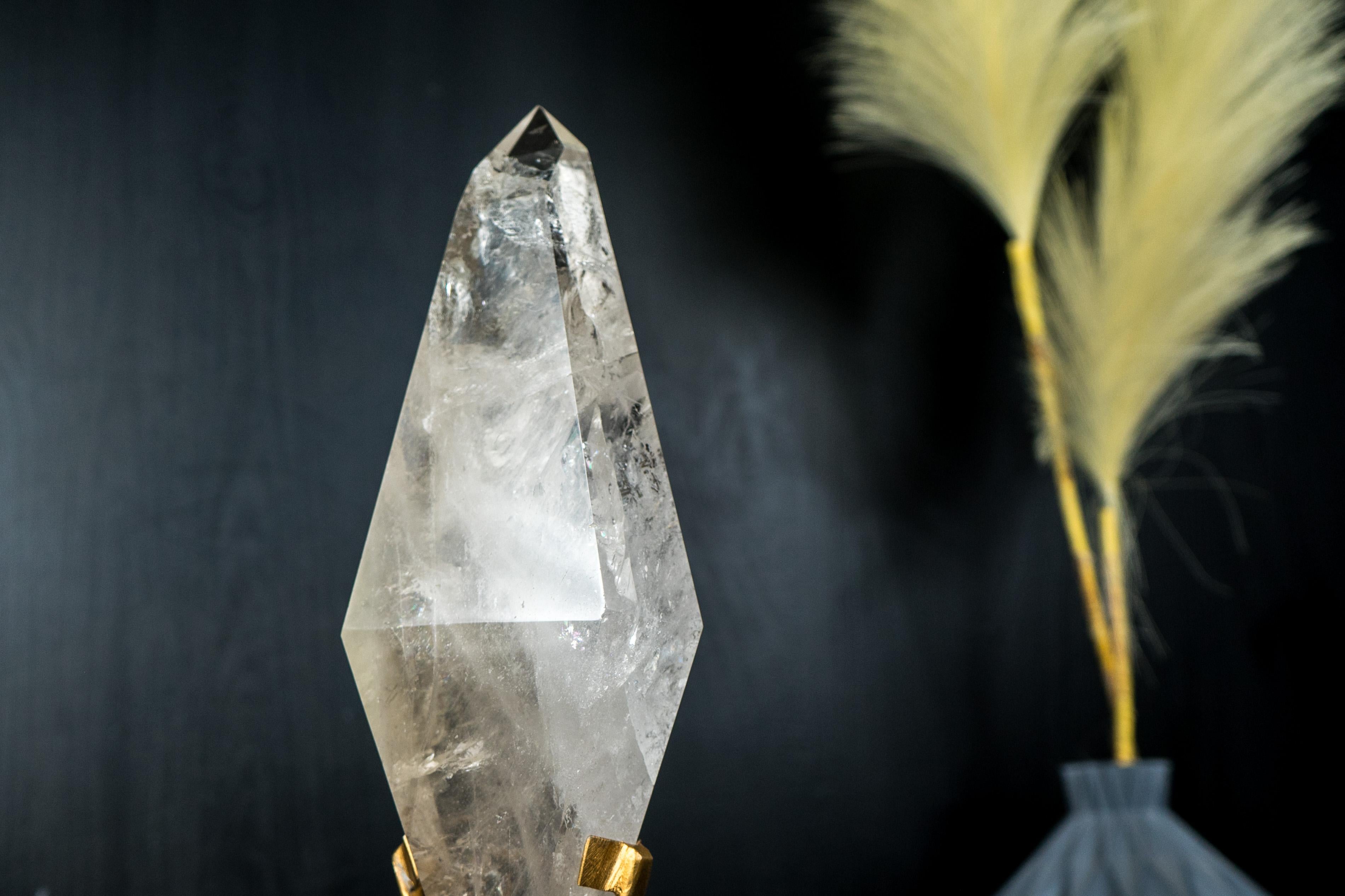 Natural Clear Quartz Obelisk Sculpture with Multi-Faceted Sides on Metal Stand For Sale 5
