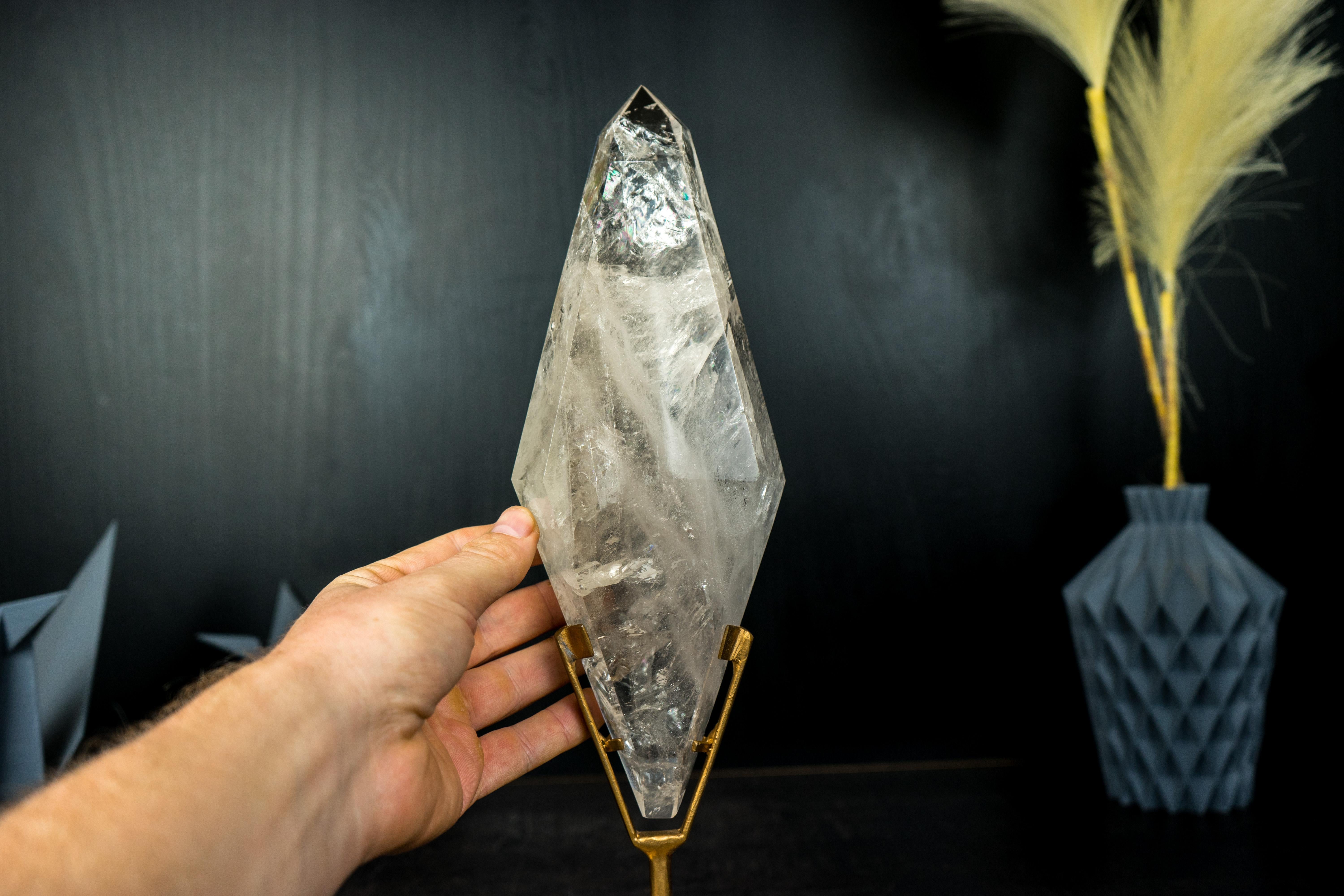 Natural Clear Quartz Obelisk Sculpture with Multi-Faceted Sides on Metal Stand For Sale 7