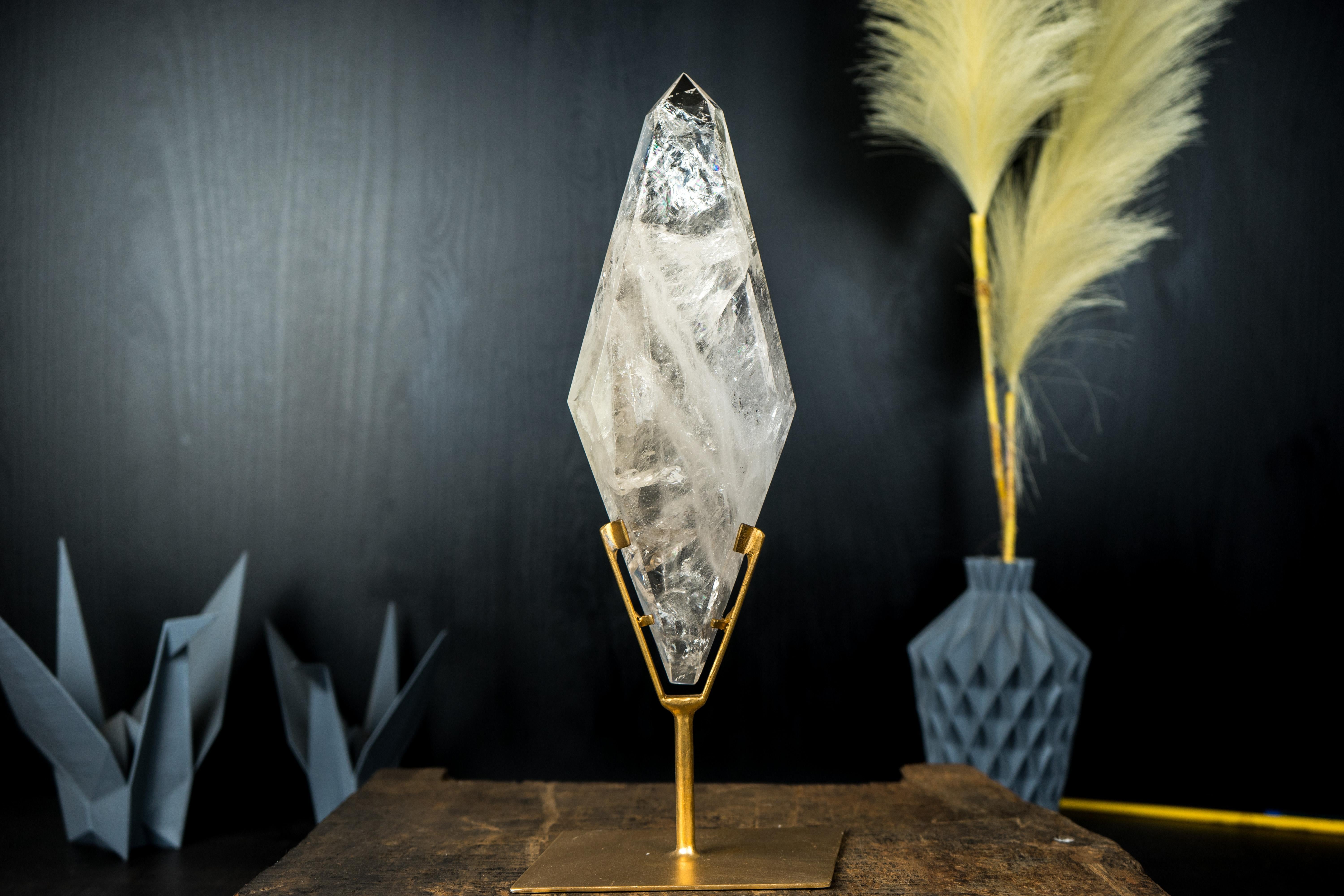 Natural Clear Quartz Obelisk Sculpture with Multi-Faceted Sides on Metal Stand For Sale 8