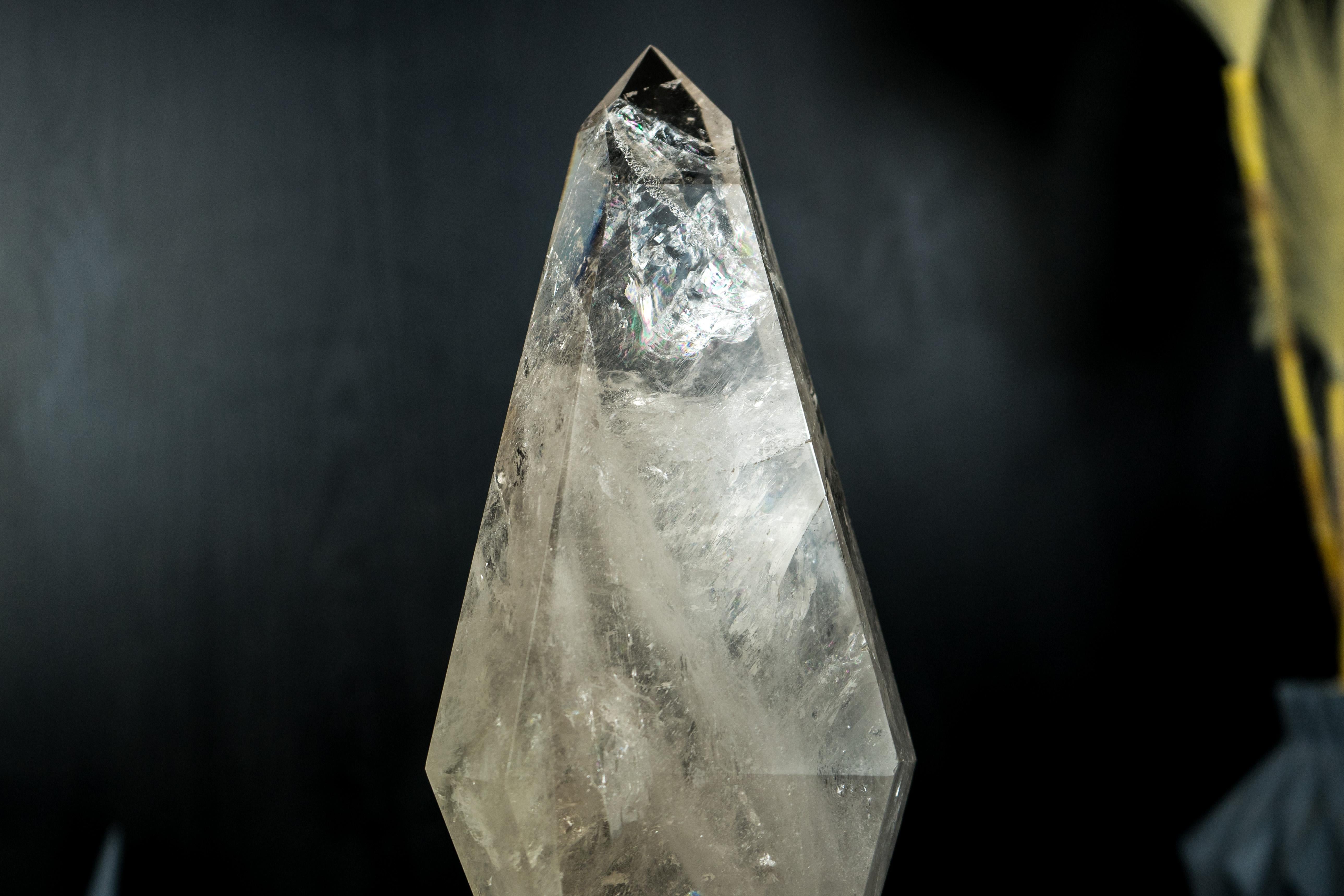 Natural Clear Quartz Obelisk Sculpture with Multi-Faceted Sides on Metal Stand For Sale 9