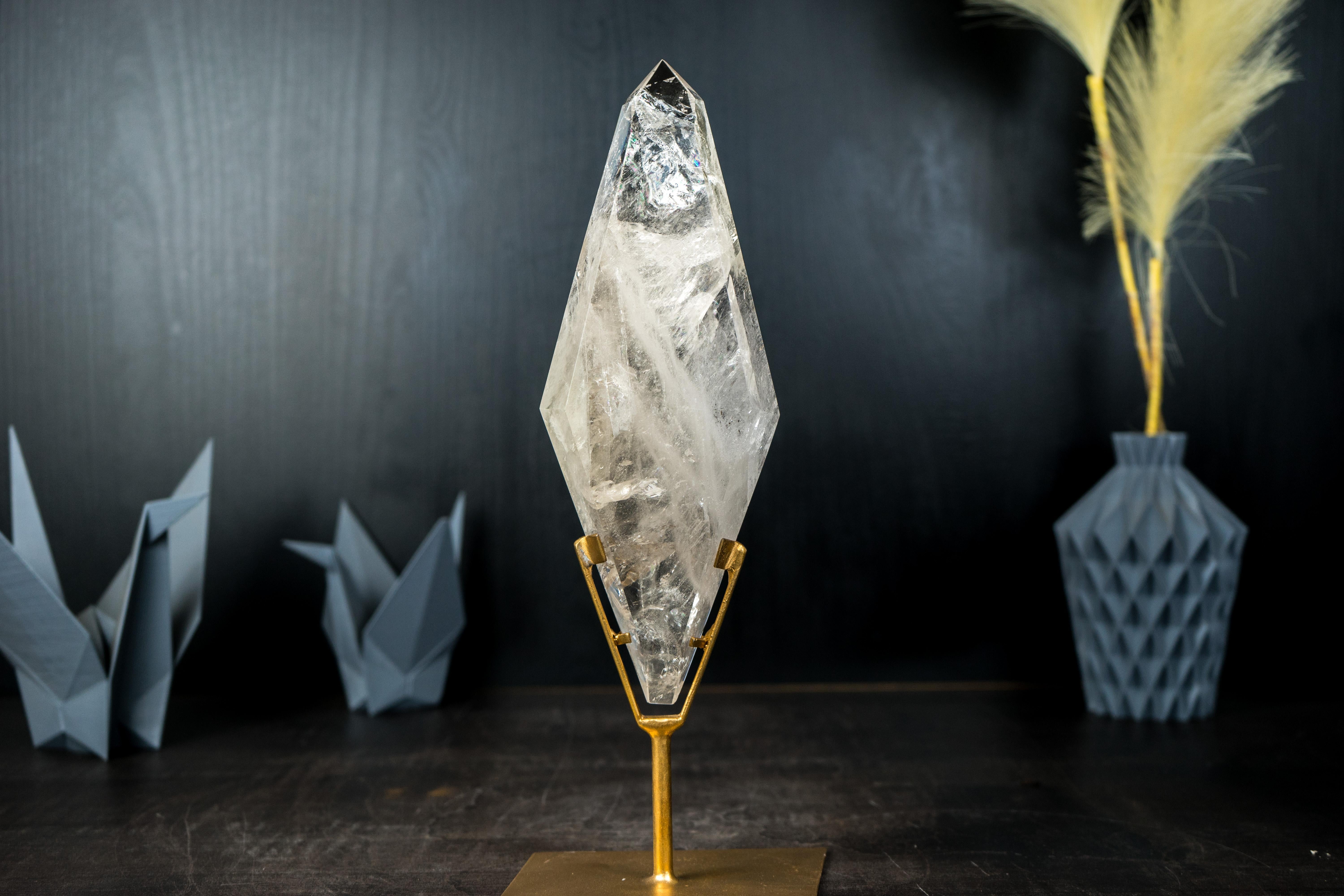 Natural Clear Quartz Obelisk Sculpture with Multi-Faceted Sides on Metal Stand For Sale 10