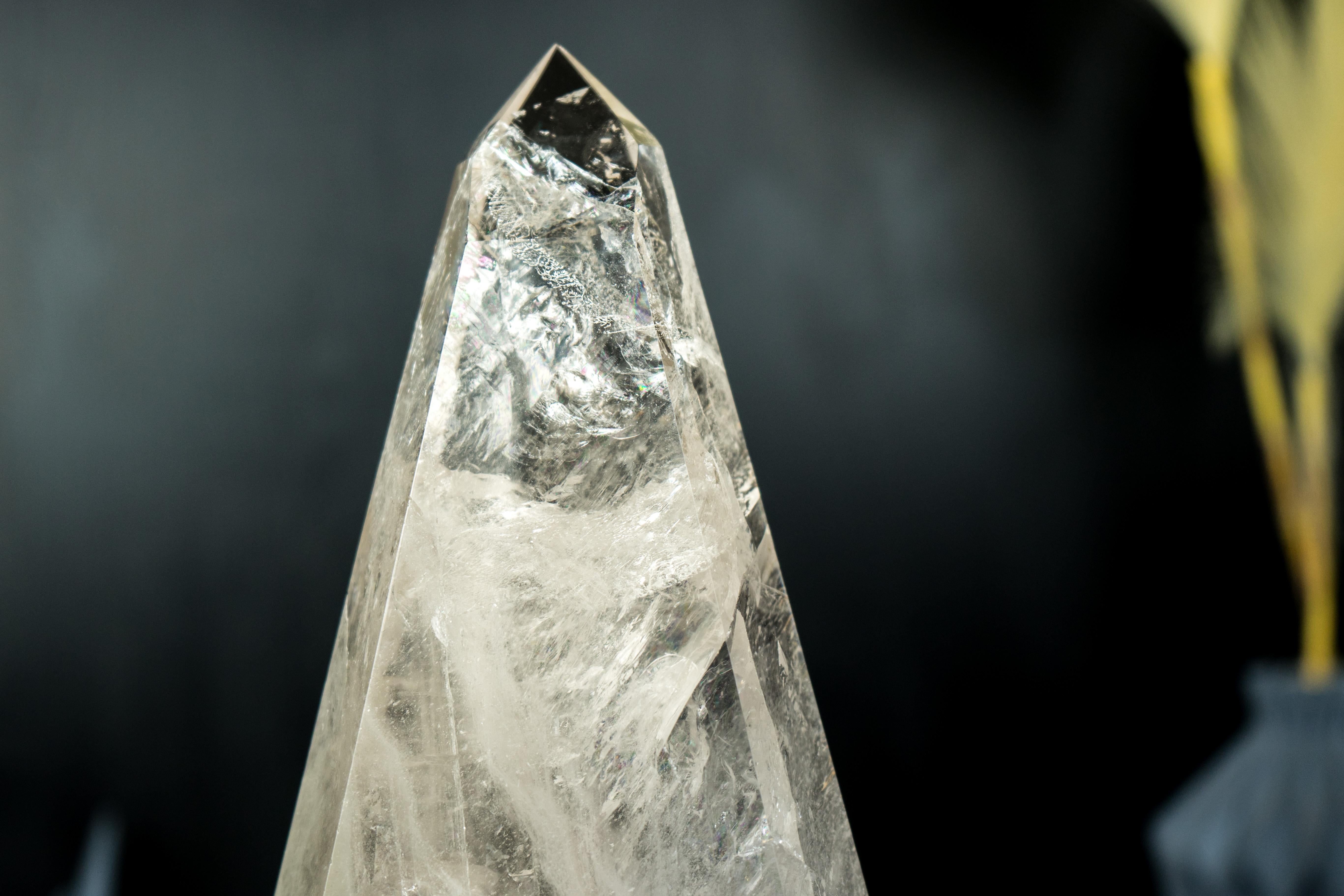 Natural Clear Quartz Obelisk Sculpture with Multi-Faceted Sides on Metal Stand For Sale 11