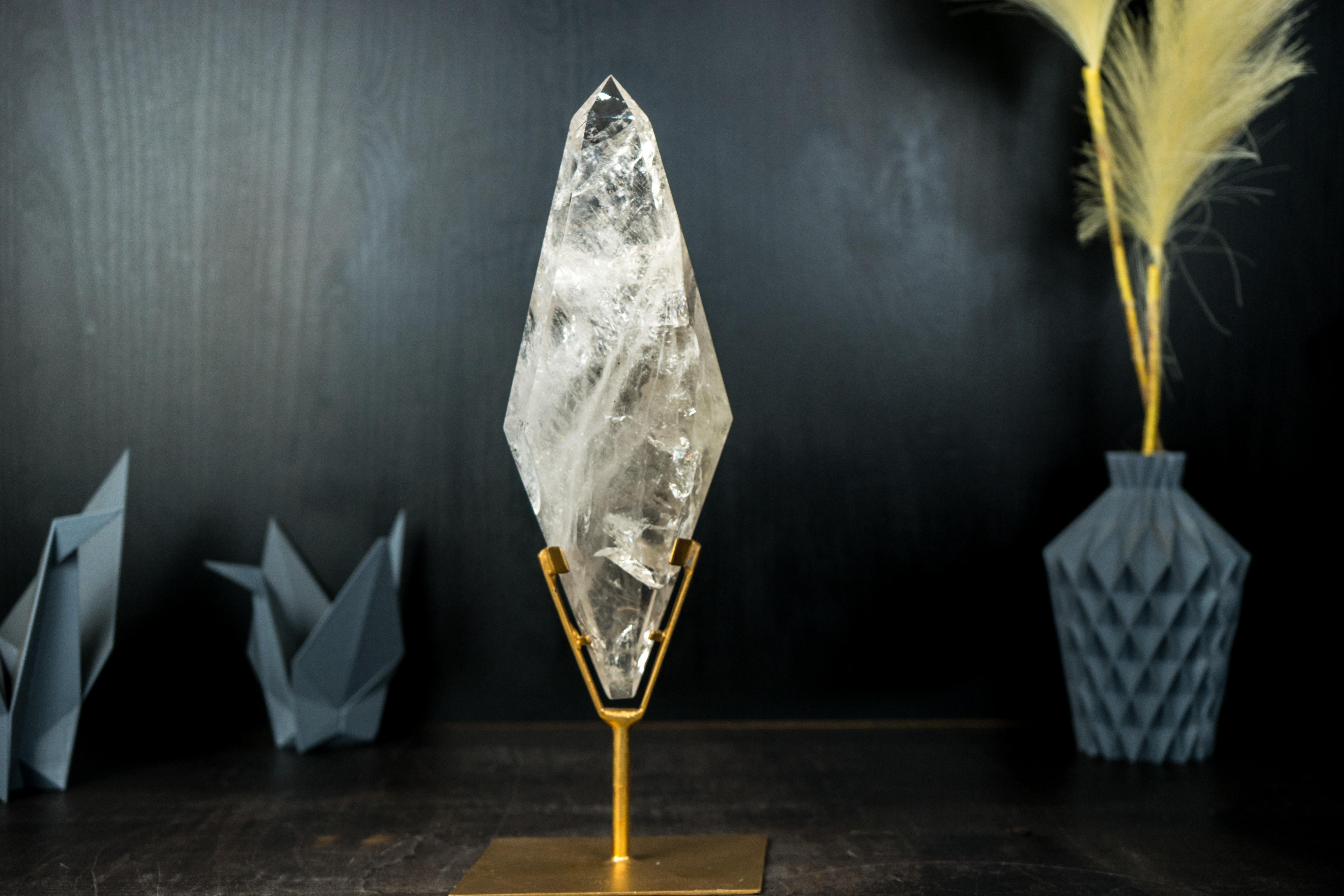 Natural Clear Quartz Obelisk Sculpture with Multi-Faceted Sides on Metal Stand For Sale 12