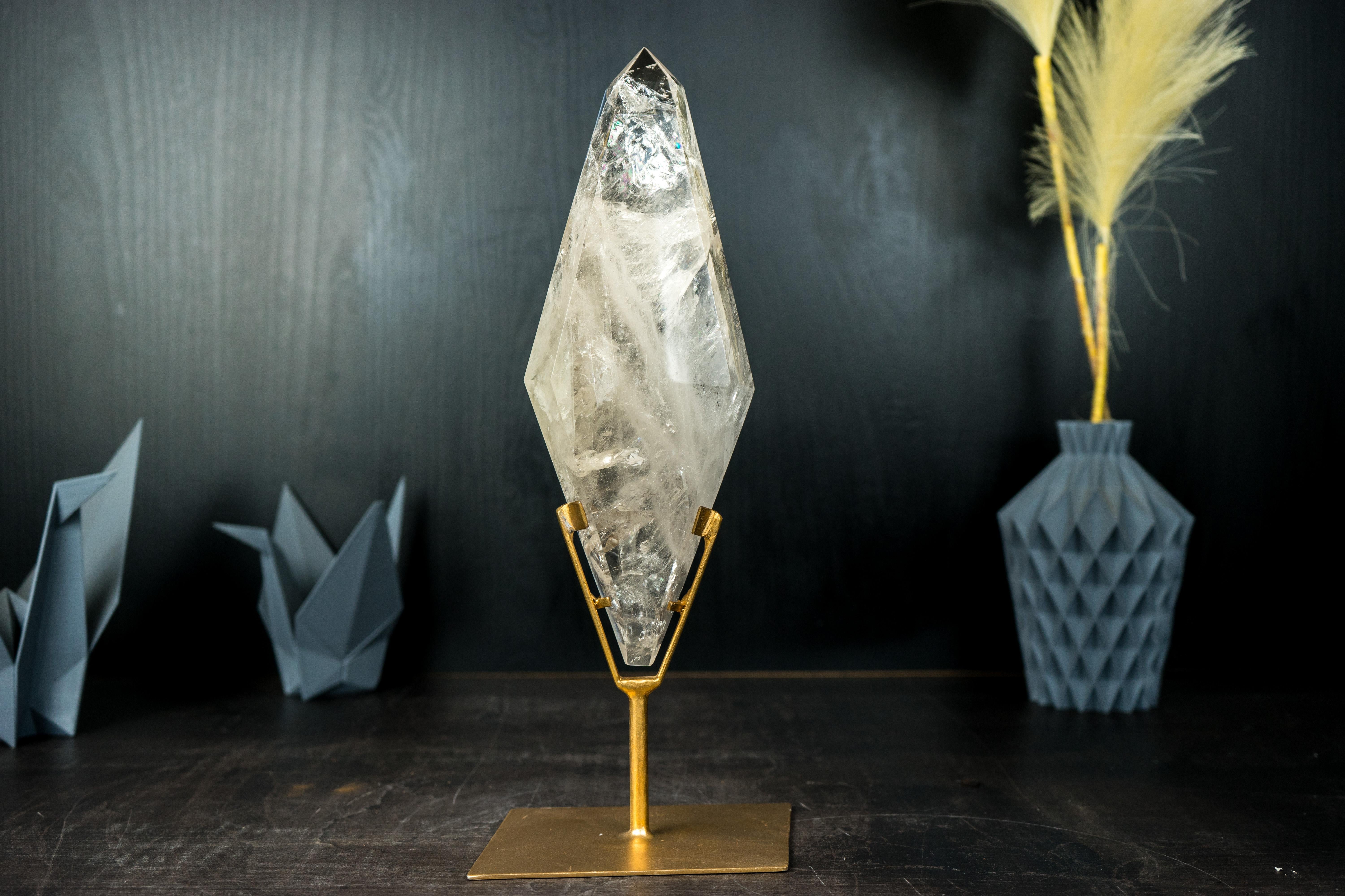 Crystal Natural Clear Quartz Obelisk Sculpture with Multi-Faceted Sides on Metal Stand For Sale