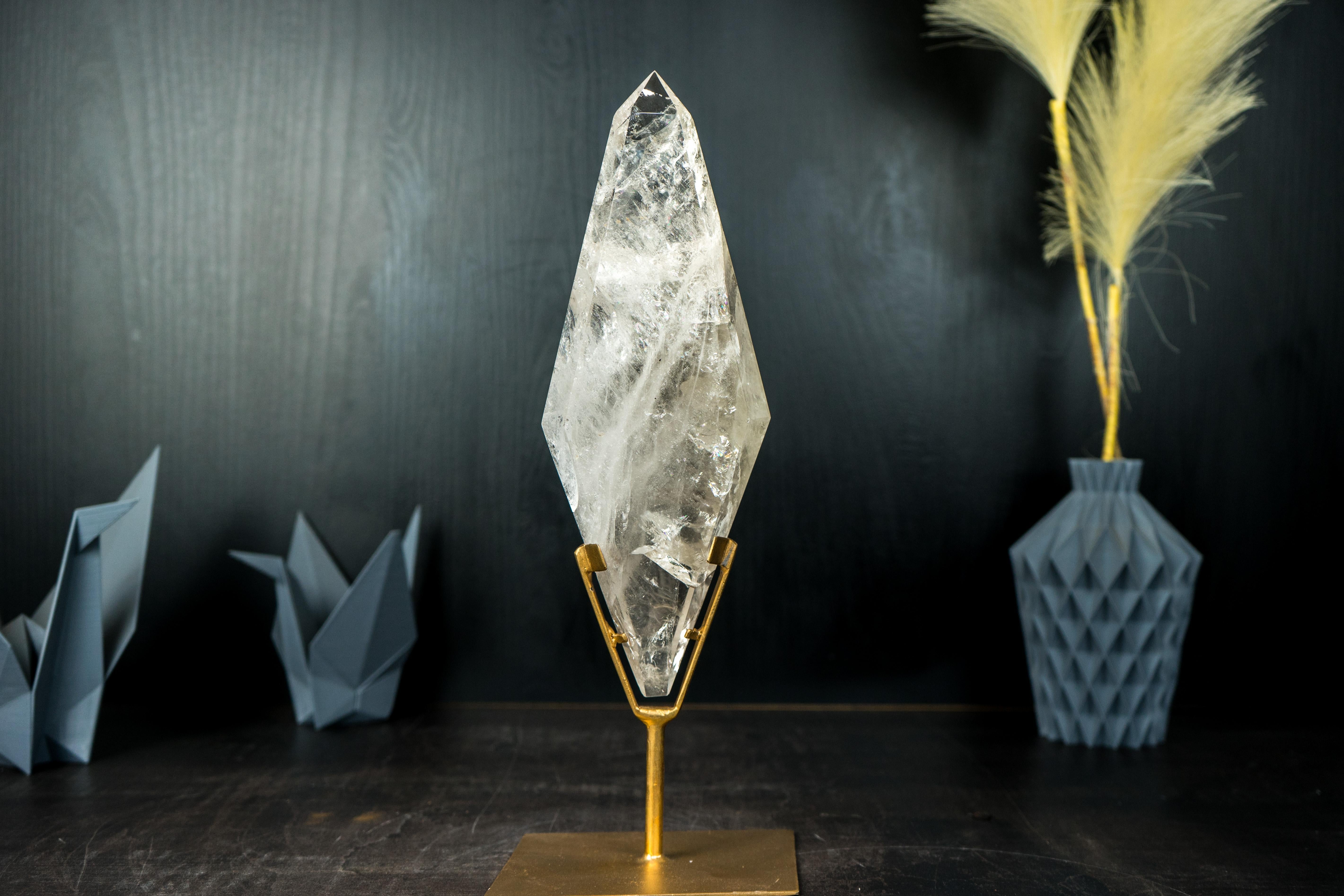 Natural Clear Quartz Obelisk Sculpture with Multi-Faceted Sides on Metal Stand For Sale 1