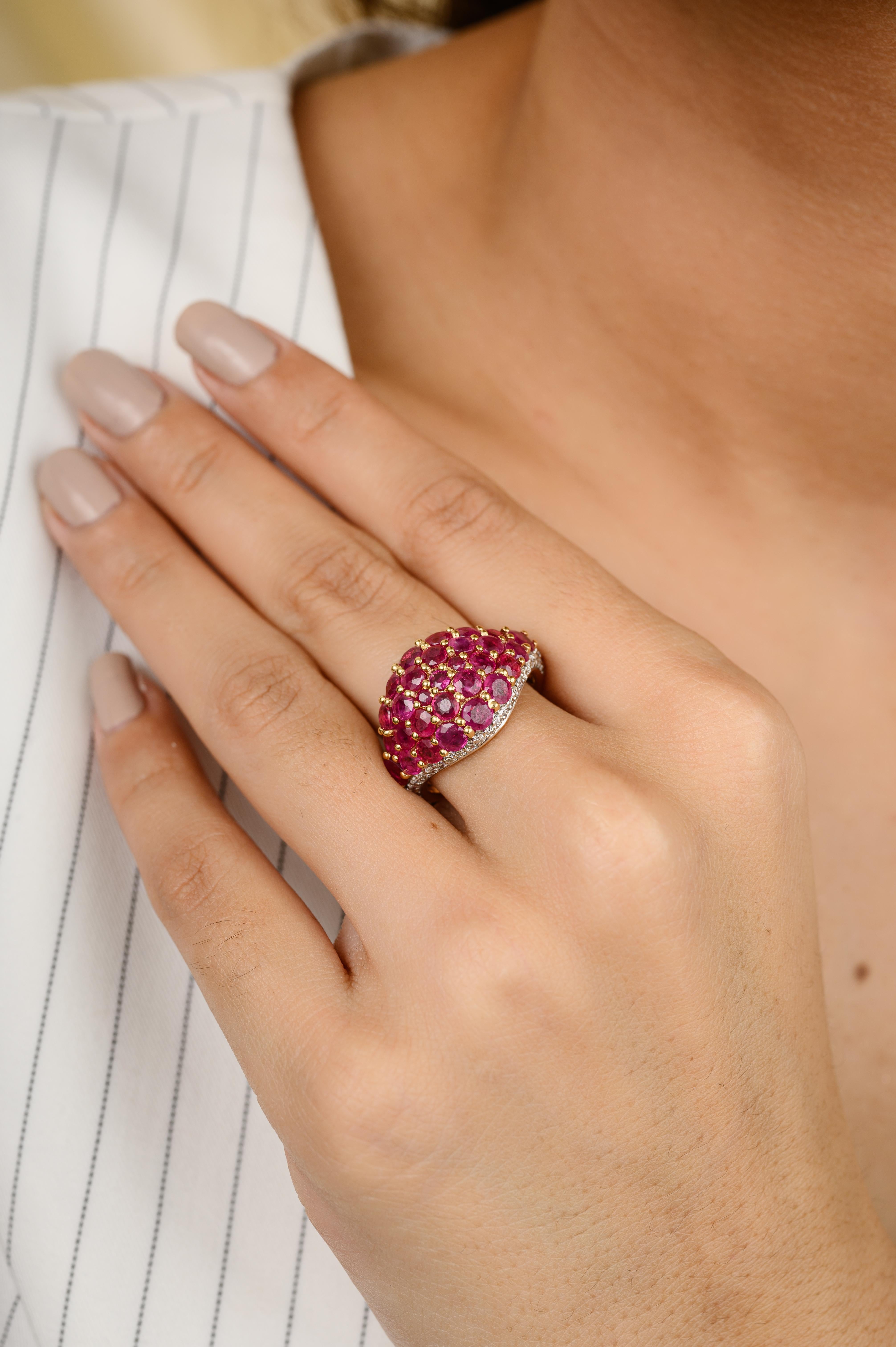 For Sale:  Natural Cluster Ruby and Diamond Wedding Ring in 18k Yellow Gold 6