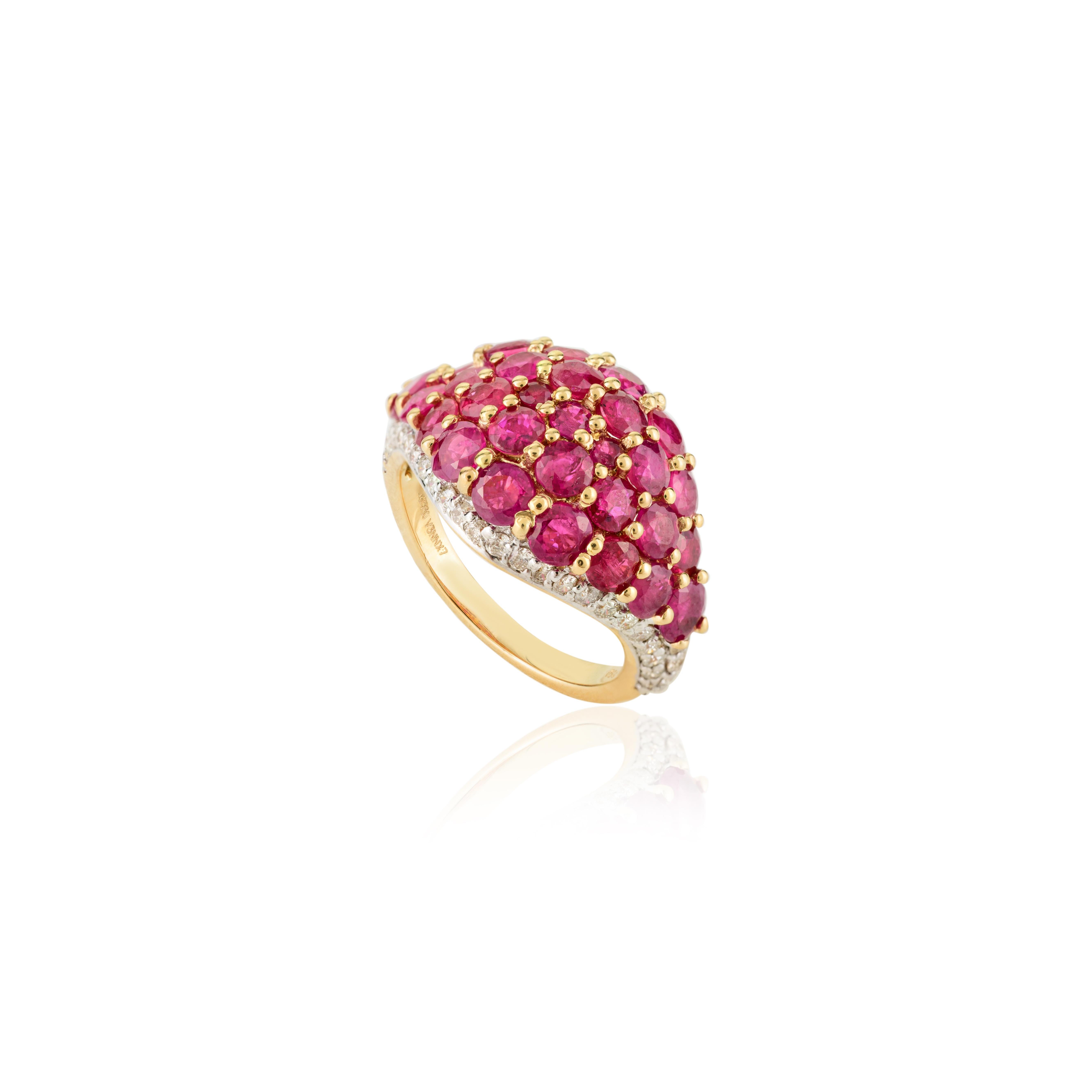 For Sale:  Natural Cluster Ruby and Diamond Wedding Ring in 18k Yellow Gold 9