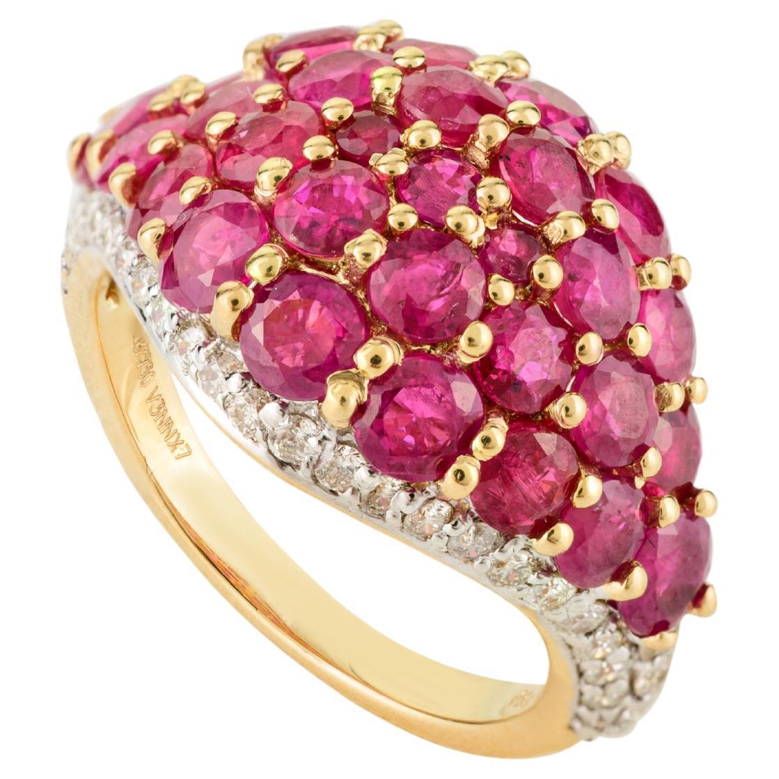 For Sale:  Natural Cluster Ruby and Diamond Wedding Ring in 18k Yellow Gold