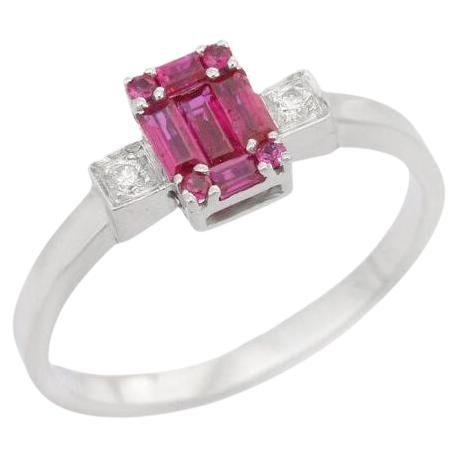 Alianza de boda con diamante y rubí natural en oro blanco macizo de 18k