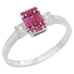Natural Cluster Ruby Diamond Wedding Ring in 18k Solid White Gold