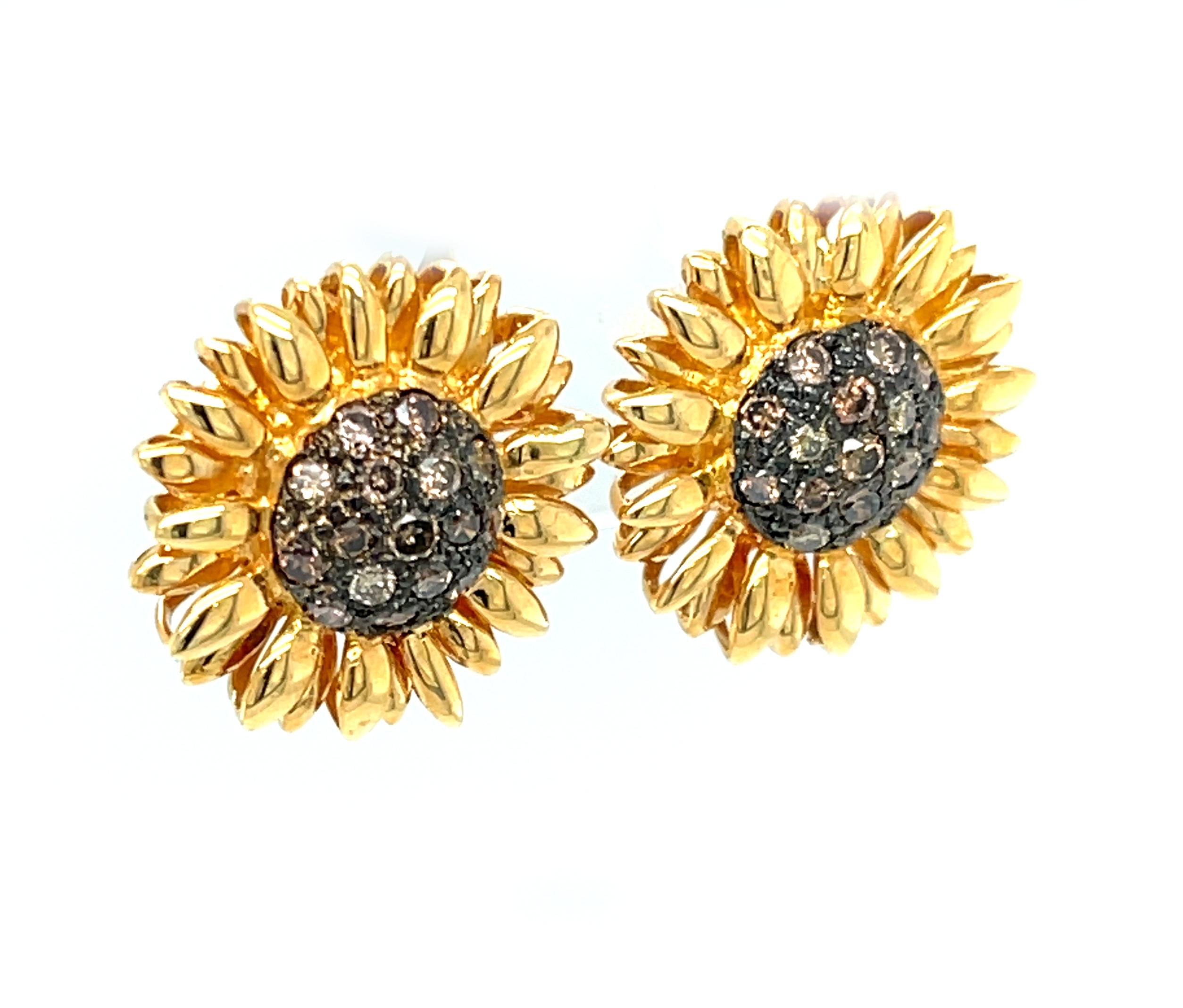 Artisan Natural Coffee Colored Diamond and Yellow Gold Floral Design Stud Earrings For Sale