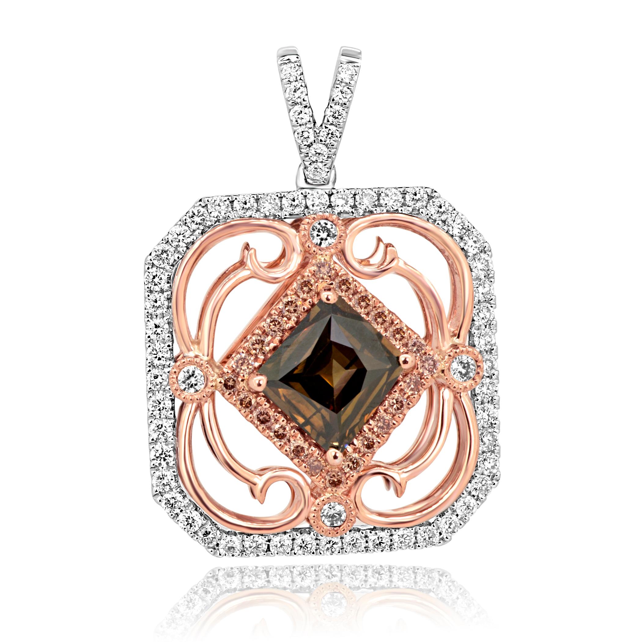 Stunning Cognac Diamond Kite Shape SI Clarity 1.32 Carat Encircled in in Double Halo of Natural Cognac Diamond Round 0.22 Carat and White G-H Color VS-SI Diamond Round 0.58 Carat in Stunning 14K White and Rose Gold One Of a Kind Pendant Chain Drop