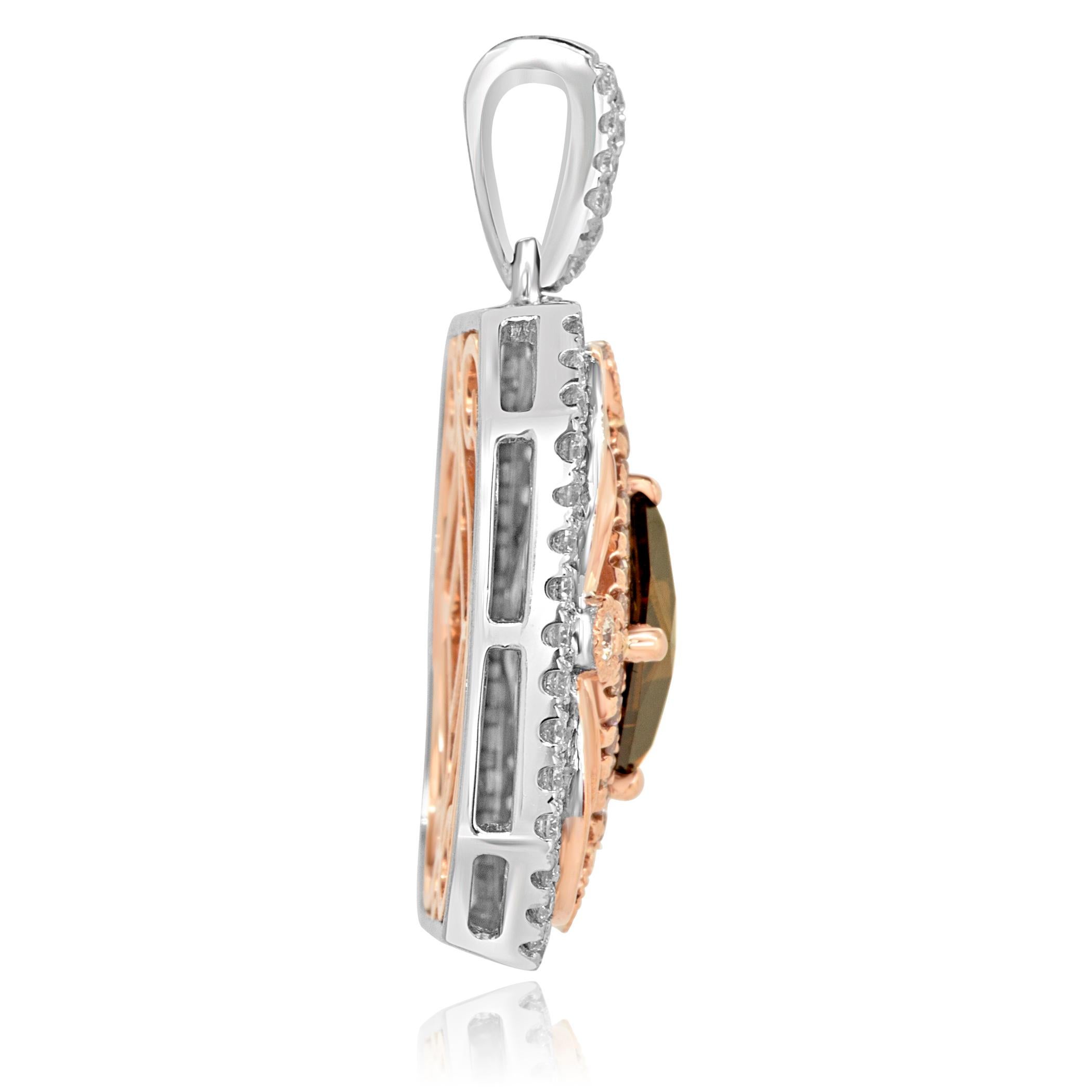 Contemporary Natural Cognac Diamond Double Halo Two-Color Gold Pendant Chain Drop Necklace