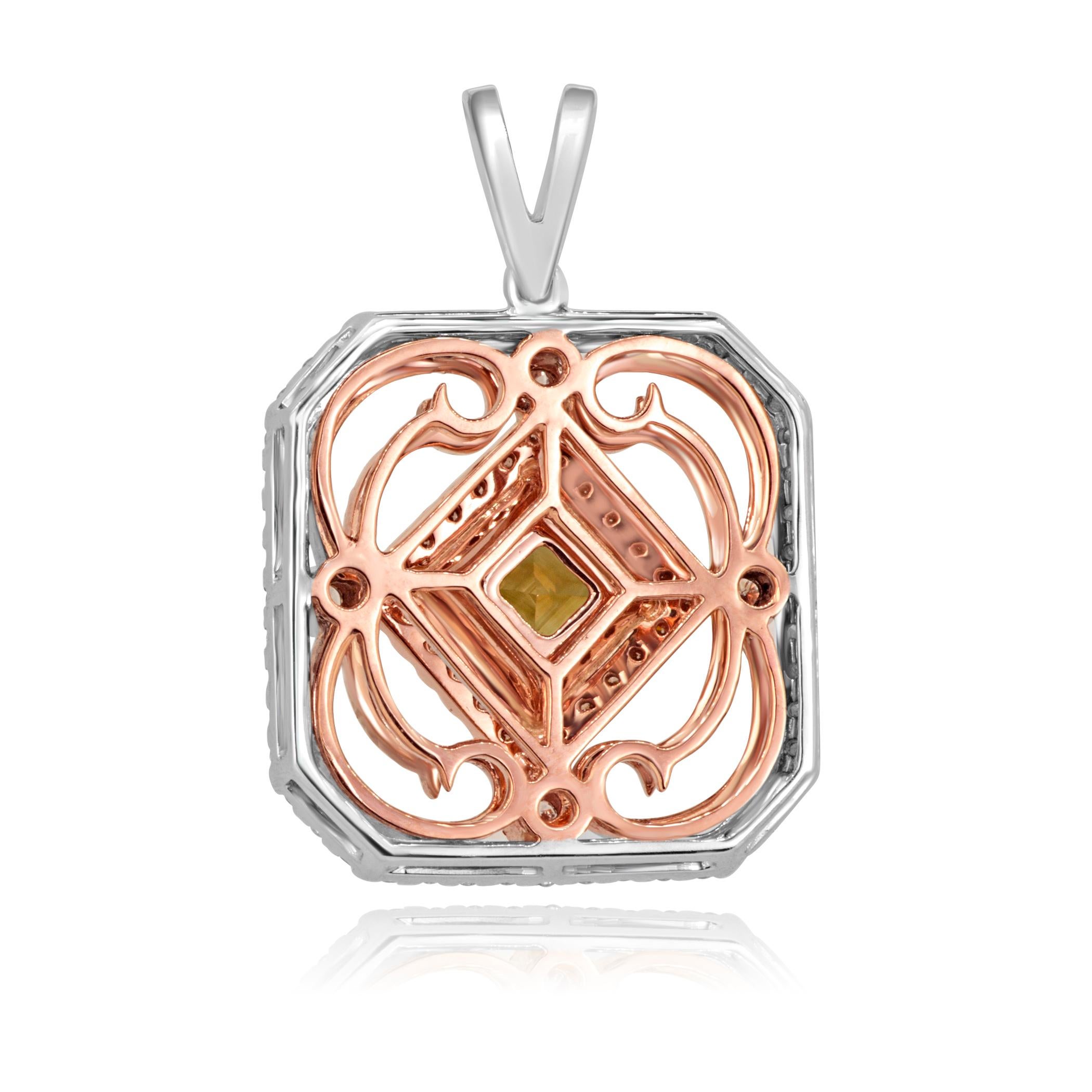 Princess Cut Natural Cognac Diamond Double Halo Two-Color Gold Pendant Chain Drop Necklace