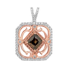 Natural Cognac Diamond Double Halo Two-Color Gold Pendant Chain Drop Necklace