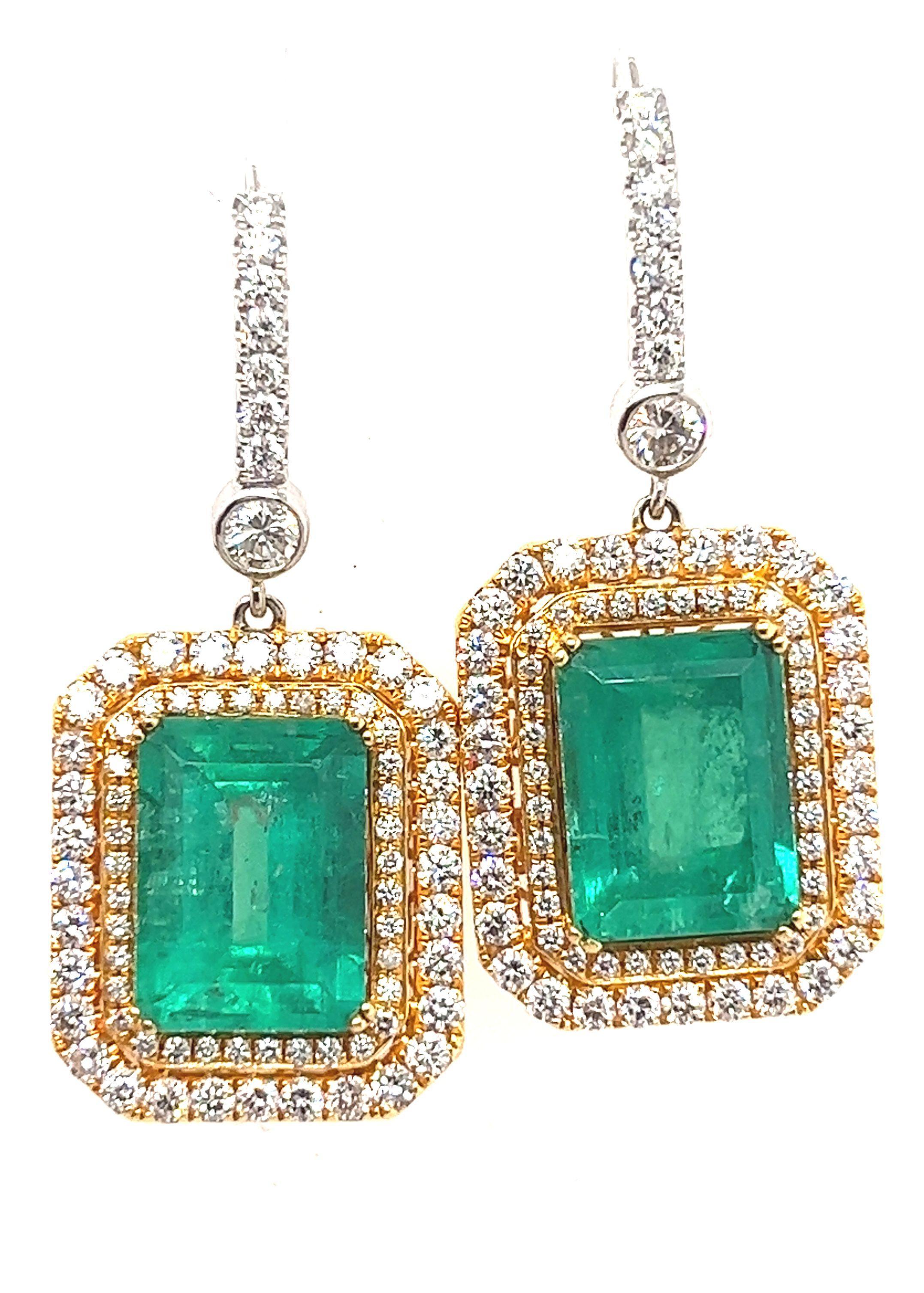 Natural Colombian 7.36 CTTW Emerald & Diamond Halo Dangle Drop 18K Gold Earrings For Sale 4