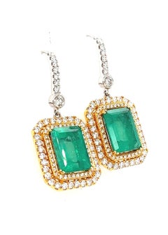 Natural Colombian 7.36 CTTW Emerald & Diamond Halo Dangle Drop 18K Gold Earrings