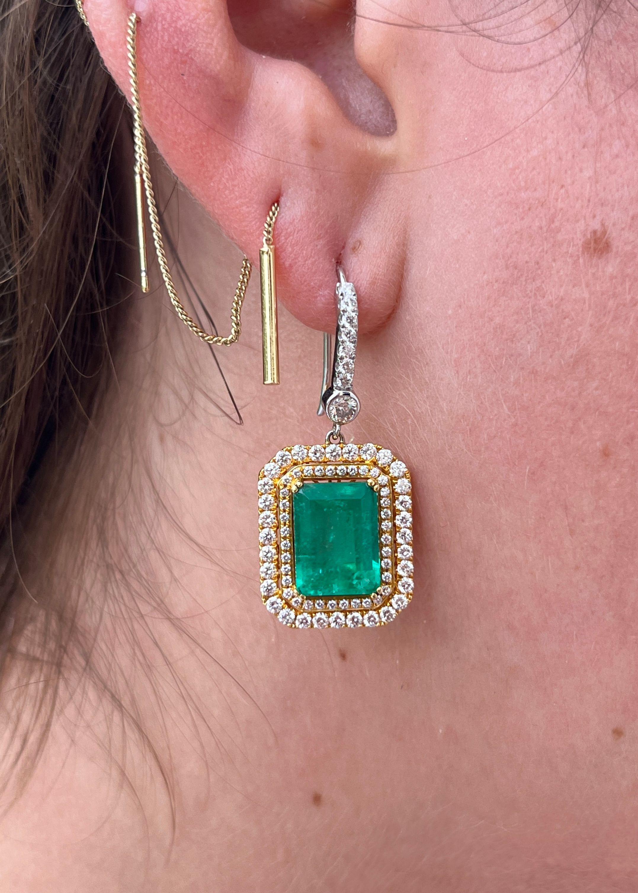 Octagon Cut Natural Colombian 7.36 CTTW Emerald & Diamond Halo Dangle Drop 18K Gold Earrings For Sale