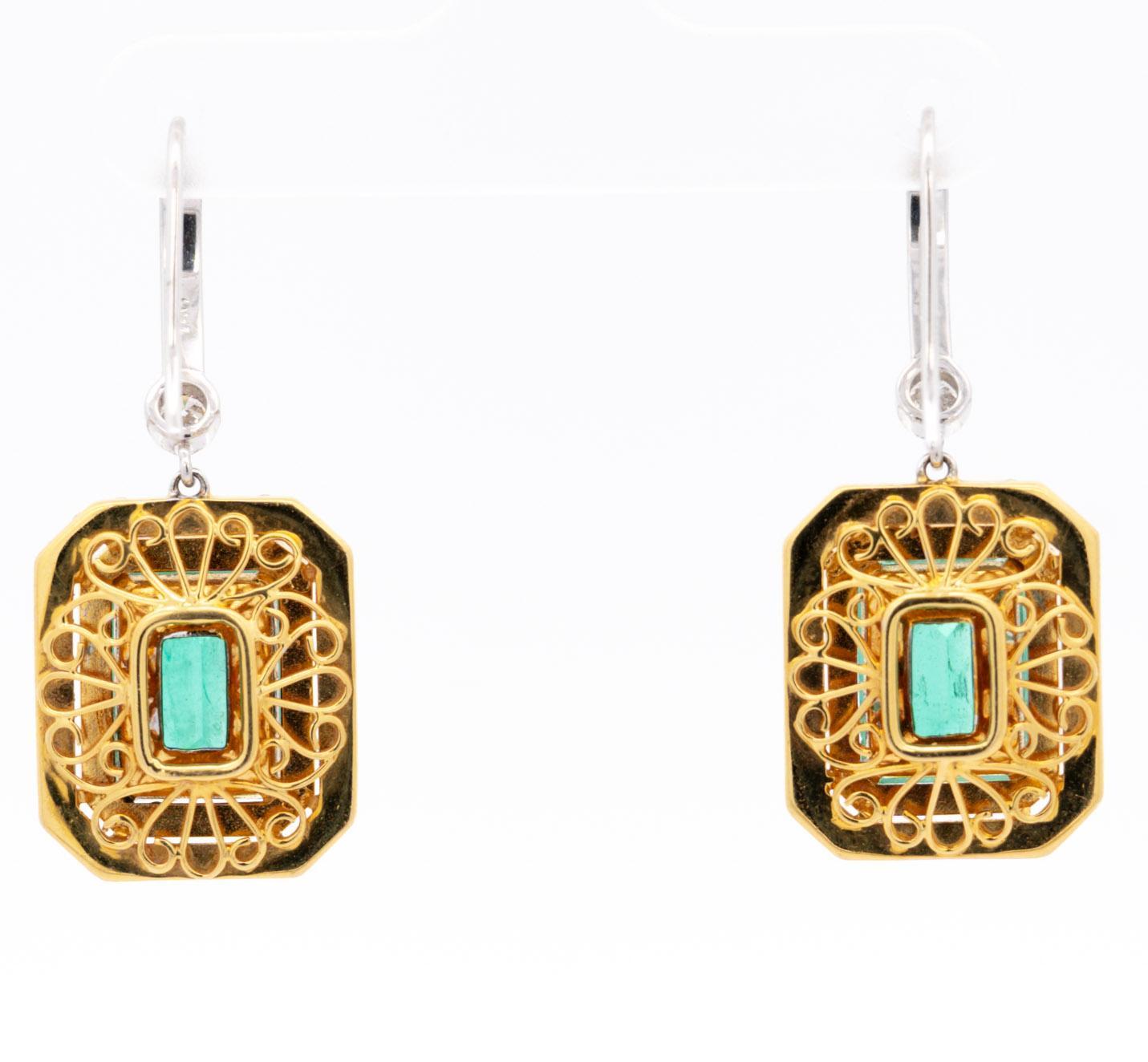 Women's Natural Colombian 7.36 CTTW Emerald & Diamond Halo Dangle Drop 18K Gold Earrings For Sale