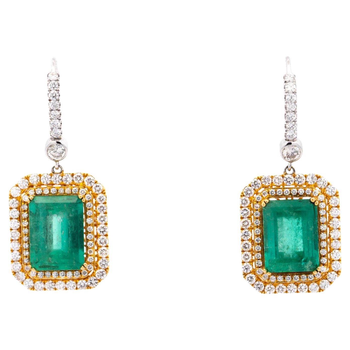 Natural Colombian 7.36 CTTW Emerald & Diamond Halo Dangle Drop 18K Gold Earrings For Sale