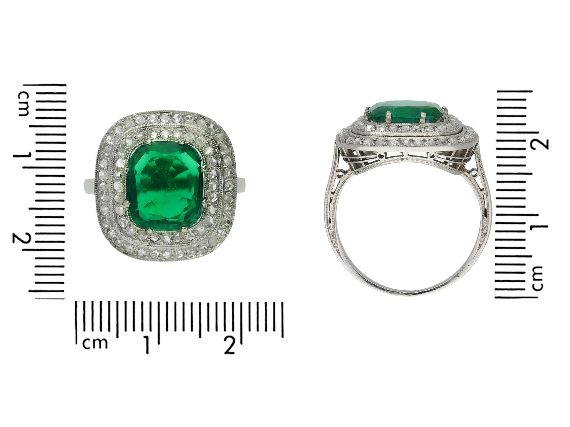 No Oil Natural Colombian Emerald and Diamond Coronet Cluster Ring, circa 1920 For Sale 1