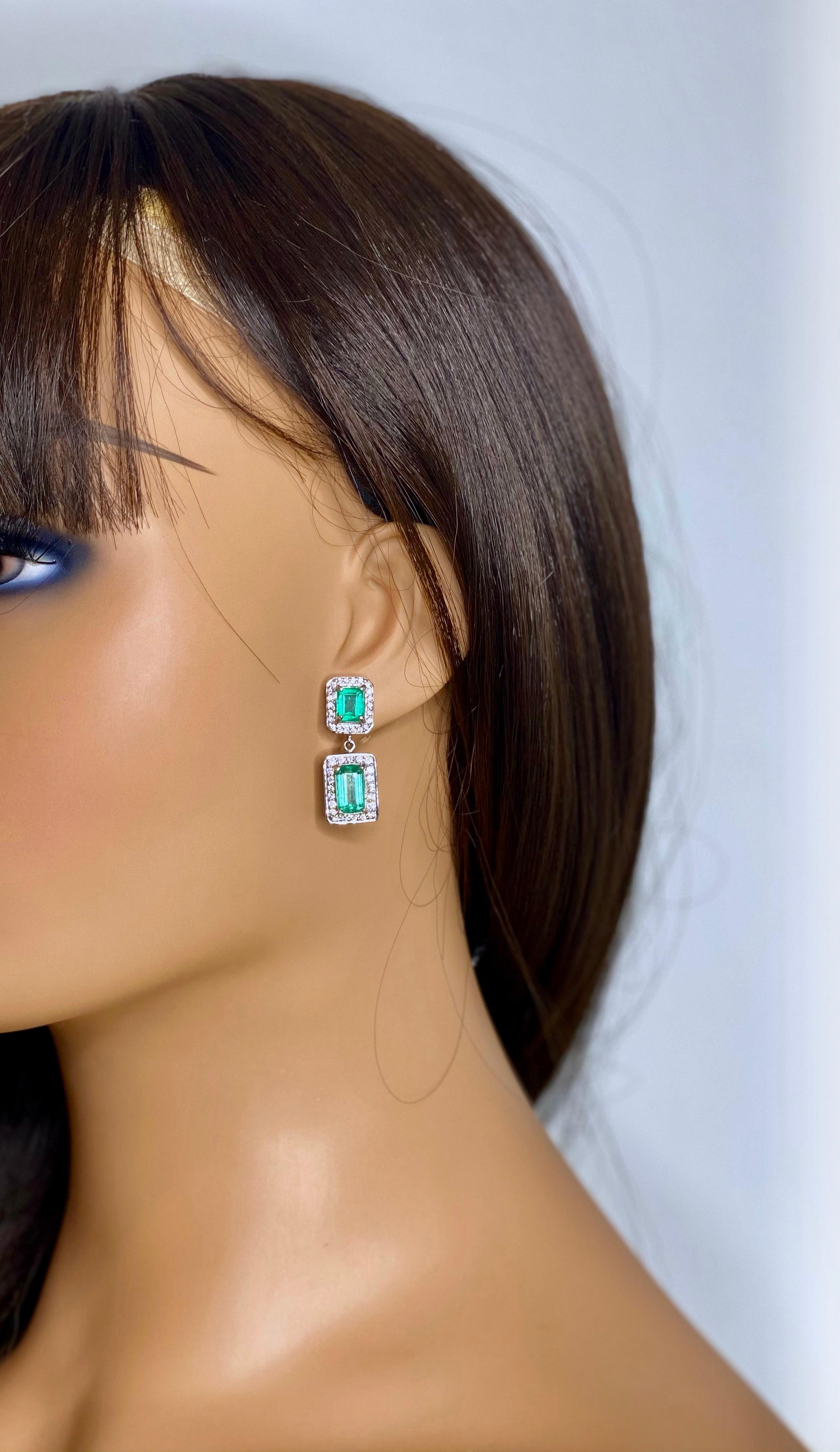Emerald Cut Natural Colombian Emerald and Diamond Drop Earrings 18 Karat For Sale