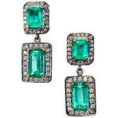 Natural Colombian Emerald and Diamond Drop Earrings 18 Karat