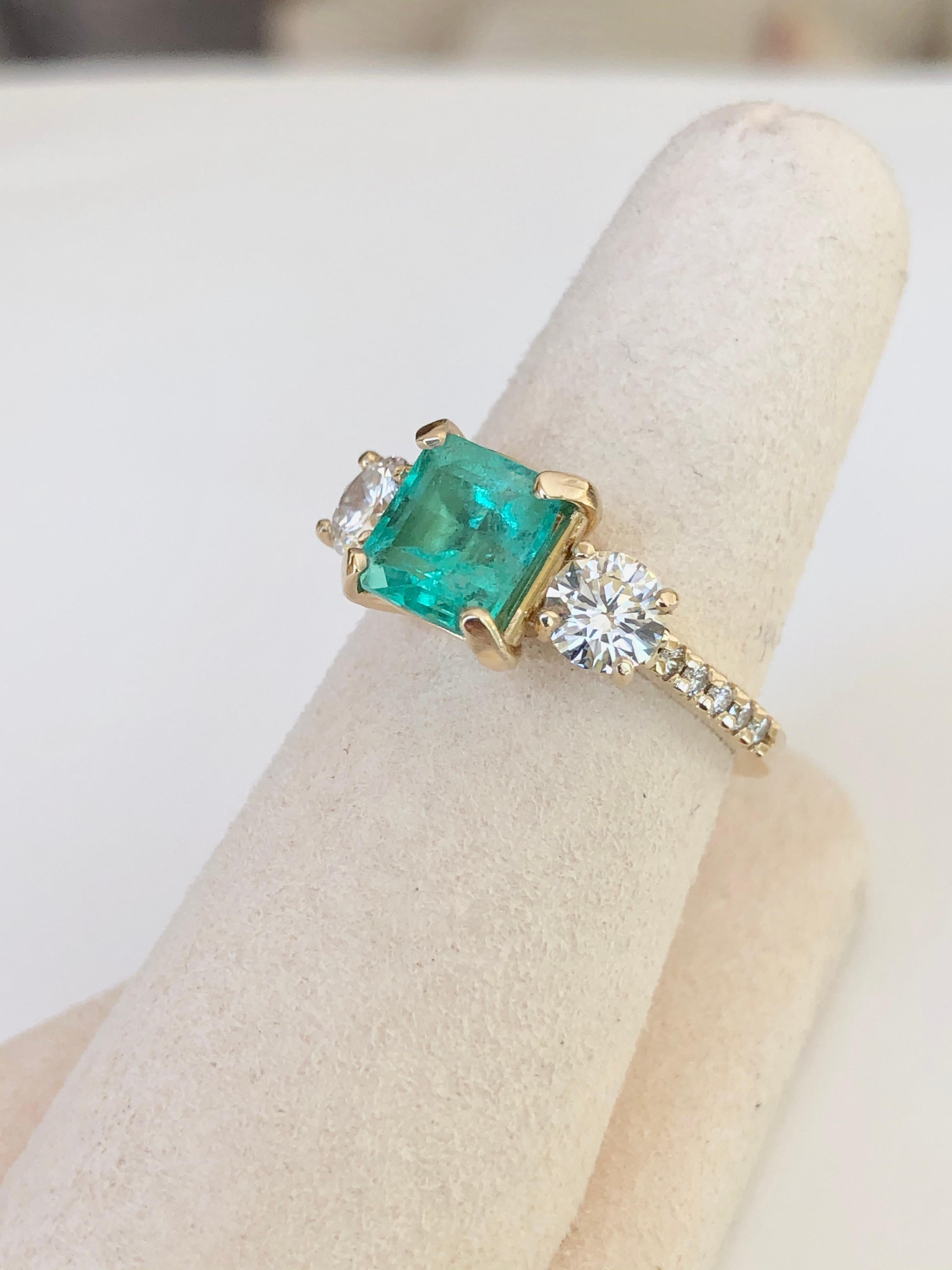 Natural Colombian Emerald and Diamond Engagement Ring Gold For Sale 2