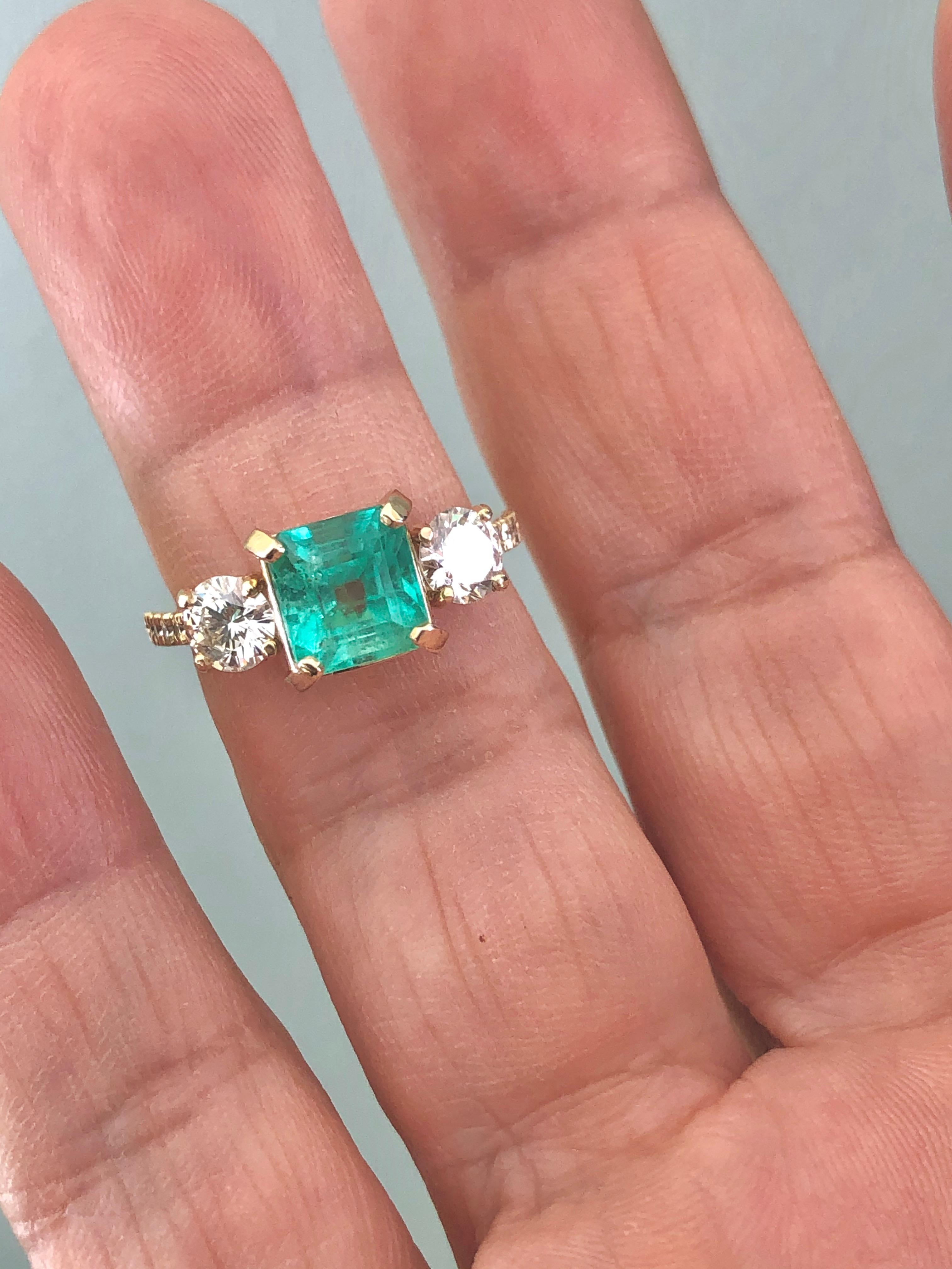 Natural Colombian Emerald and Diamond Engagement Ring Gold For Sale 3