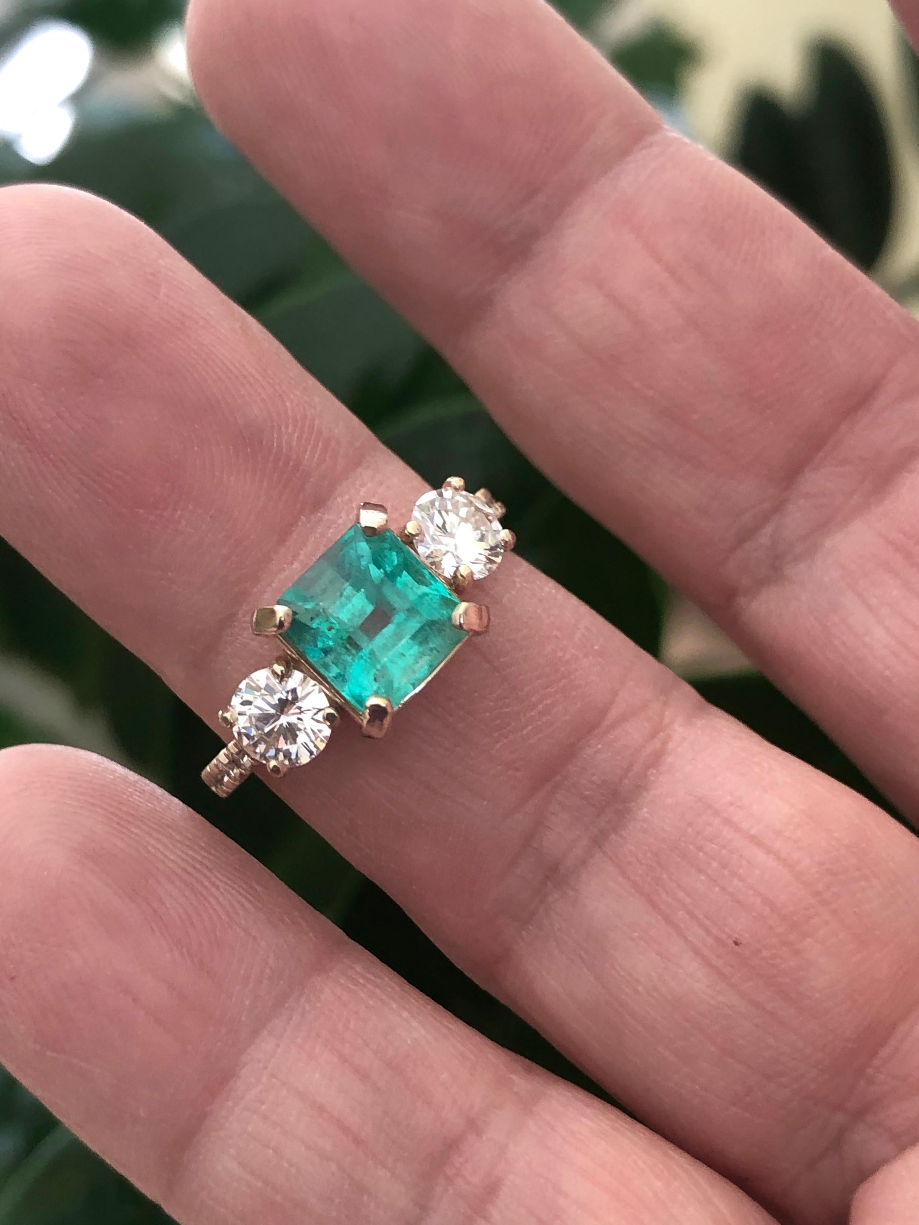 Natural Colombian Emerald and Diamond Engagement Ring Gold For Sale 4